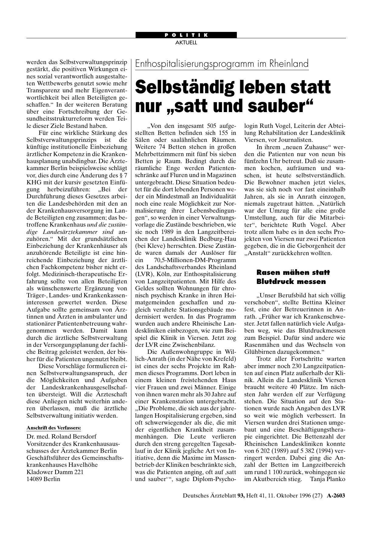 Vorschauseite 1: Enthospitalisierungsprogramm im Rheinland: Selbständig leben statt nur „satt und sauber“