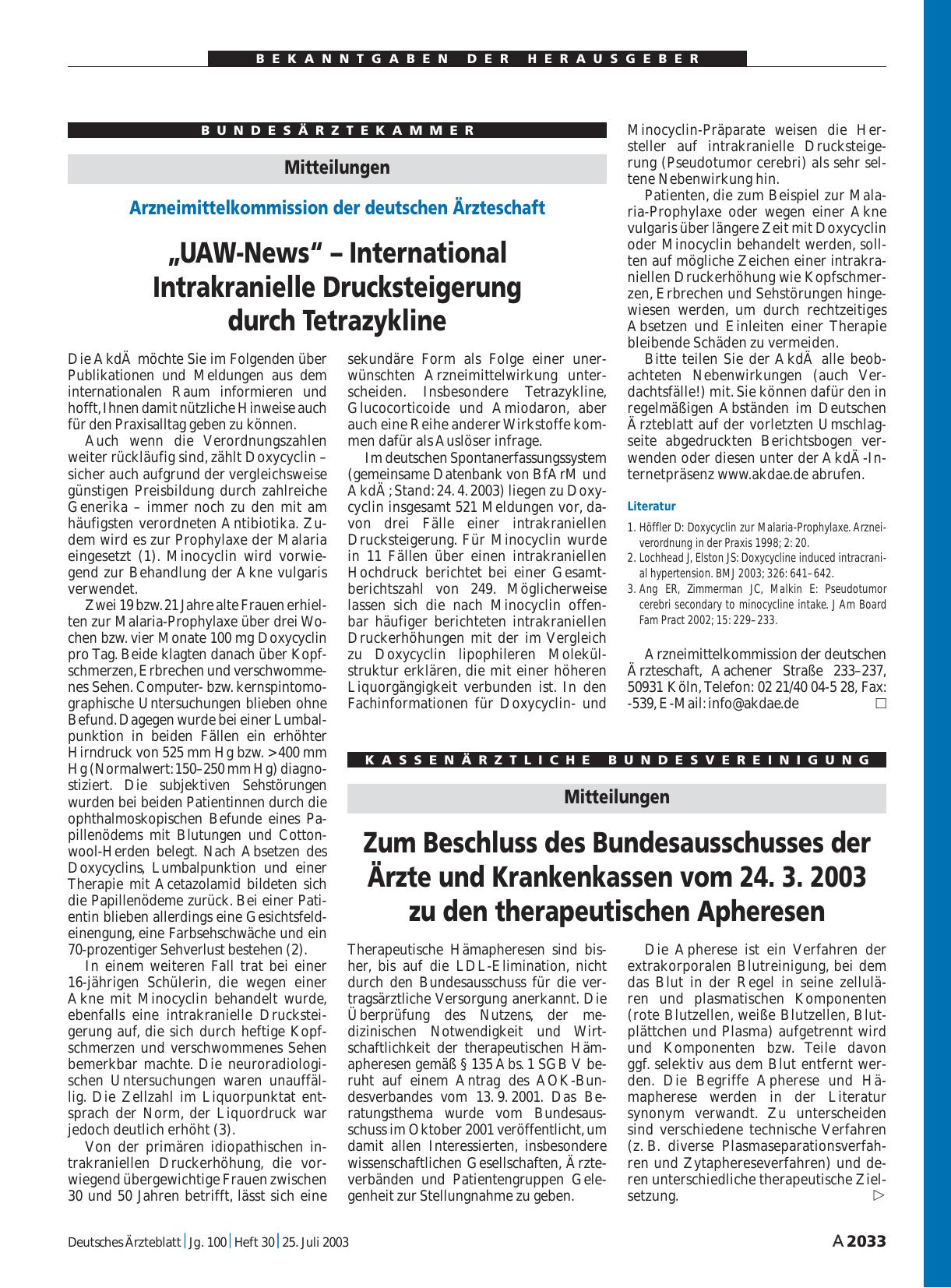 Vorschauseite 1: Mitteilungen: „UAW-News“ – International Intrakranielle Drucksteigerung durch Tetrazykline