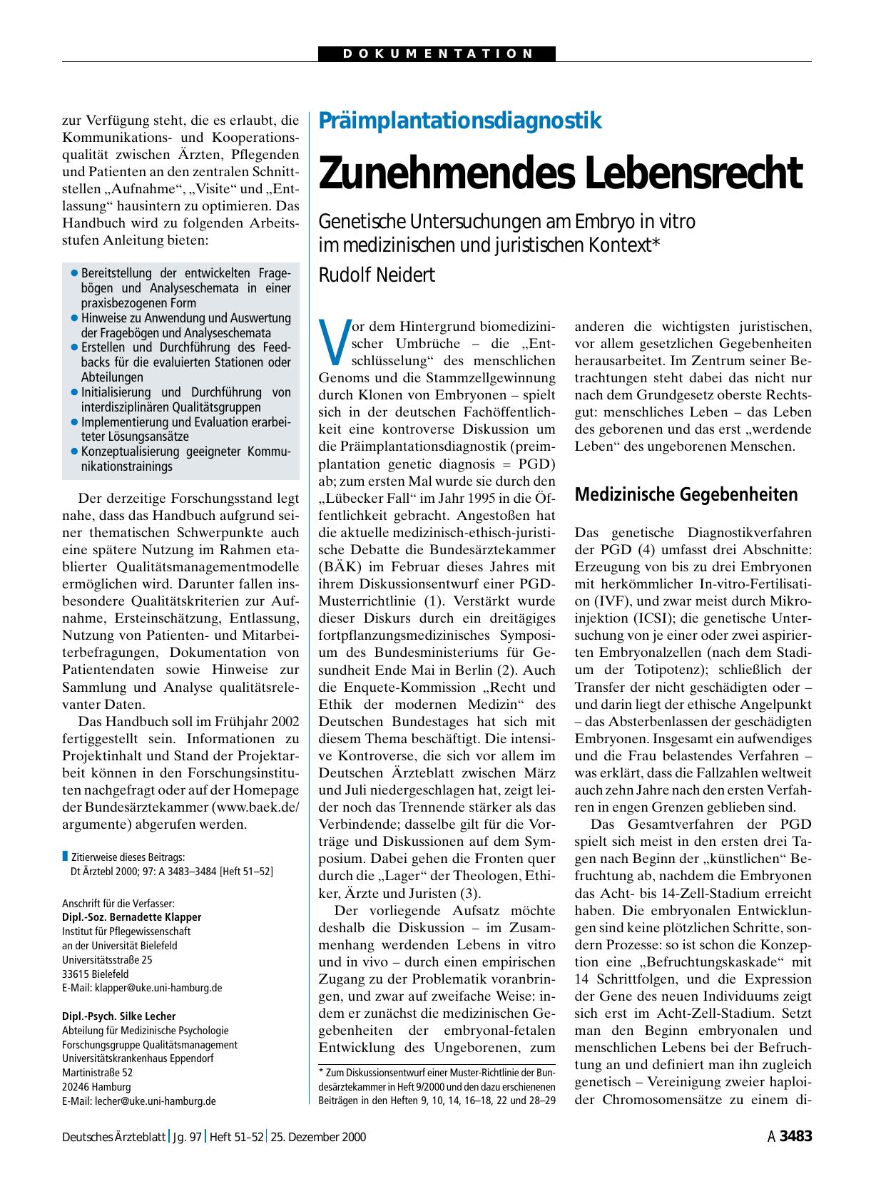 Vorschauseite 1: Präimplantationsdiagnostik: Zunehmendes Lebensrecht