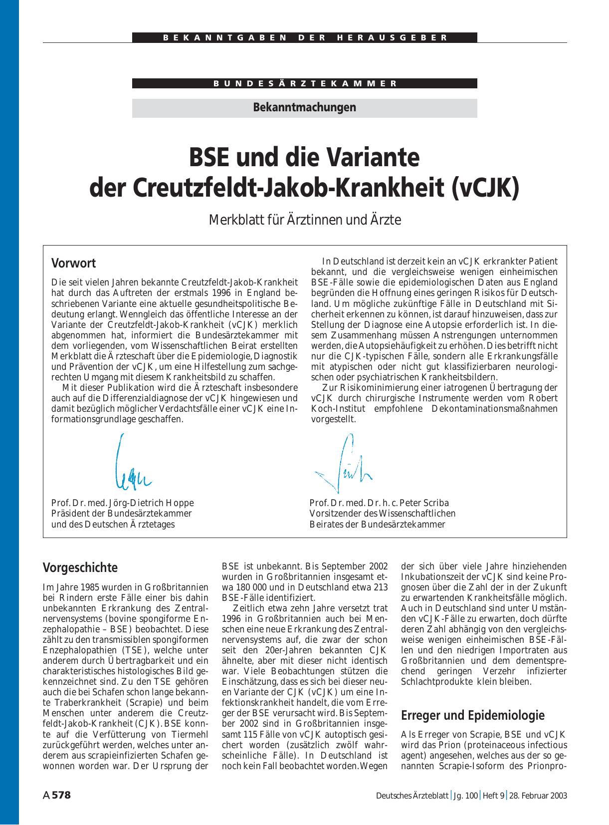 Vorschauseite 1: Bekanntmachungen: BSE und die Variante der Creutzfeldt-Jakob-Krankheit (vCJK)