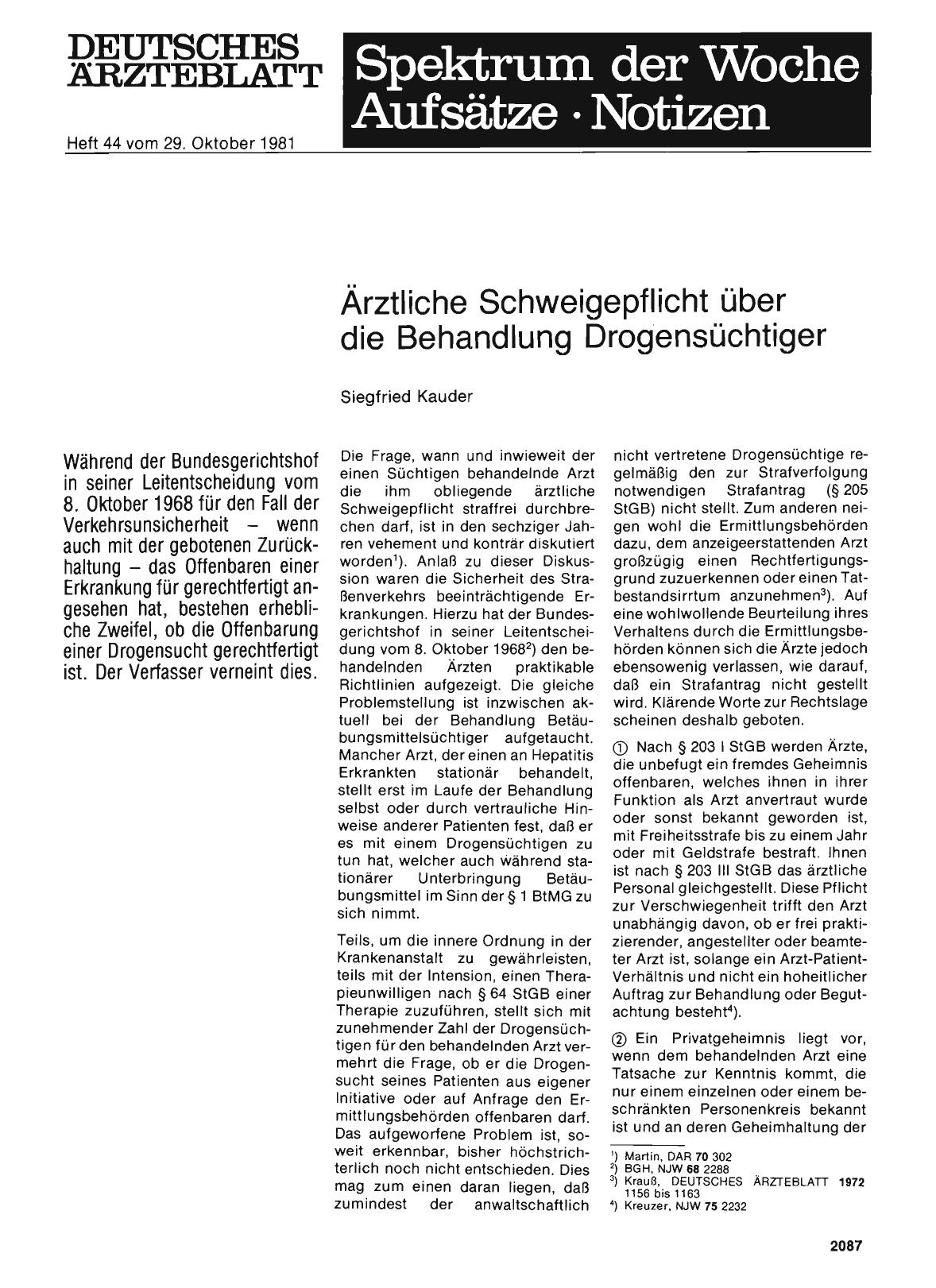 Vorschauseite 1: Ärztliche Schweigepflicht über die Behandlung Drogensüchtiger