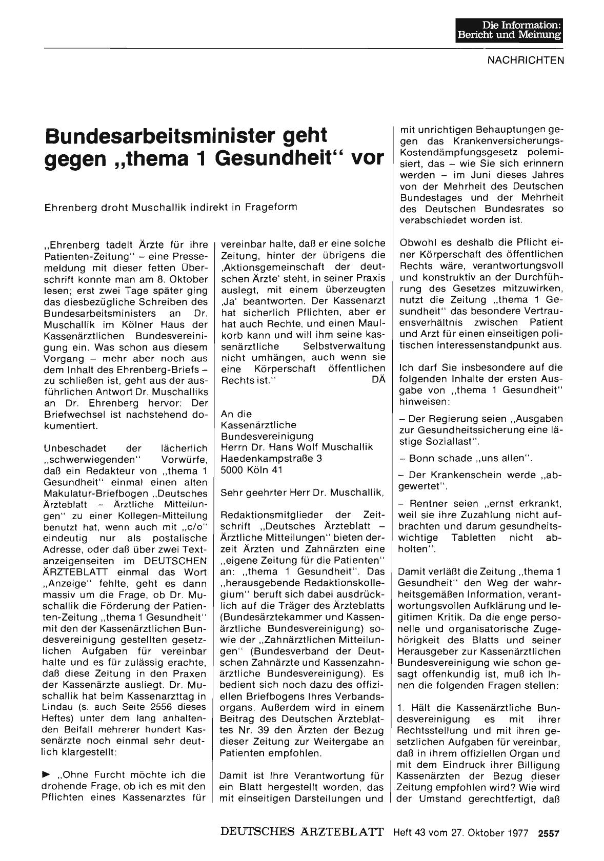 Vorschauseite 1: Bundesarbeitsminister geht gegen „thema 1 Gesundheit“ vor: Ehrenberg droht Muschallik indirekt in Frageform