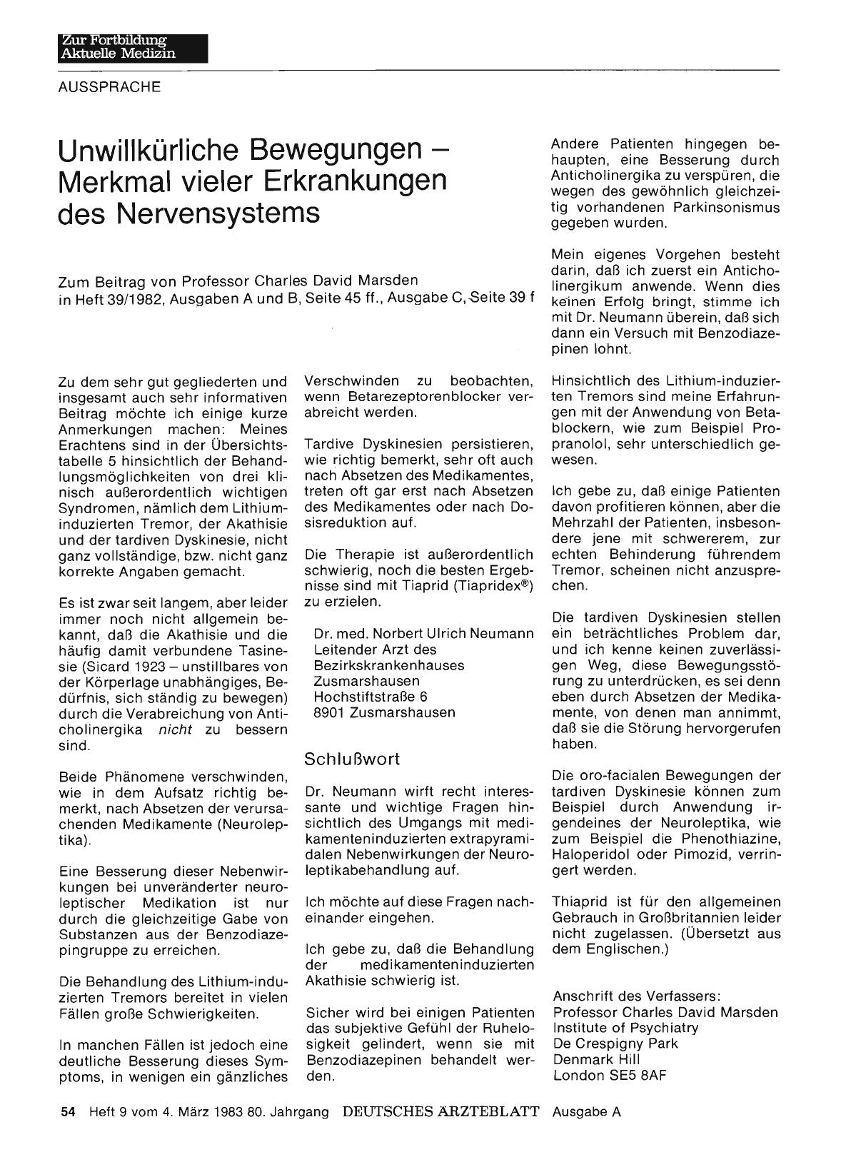 Vorschauseite 1: Unwillkürliche Bewegungen — Merkmal vieler Erkrankungen des Nervensystems: Schlußwort