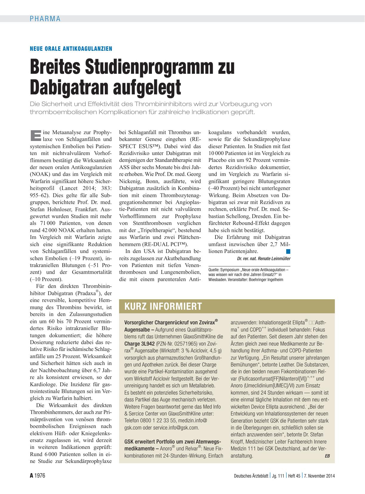Vorschauseite 1: Neue Orale Antikoagulanzien: Breites Studienprogramm zu Dabigatran aufgelegt
