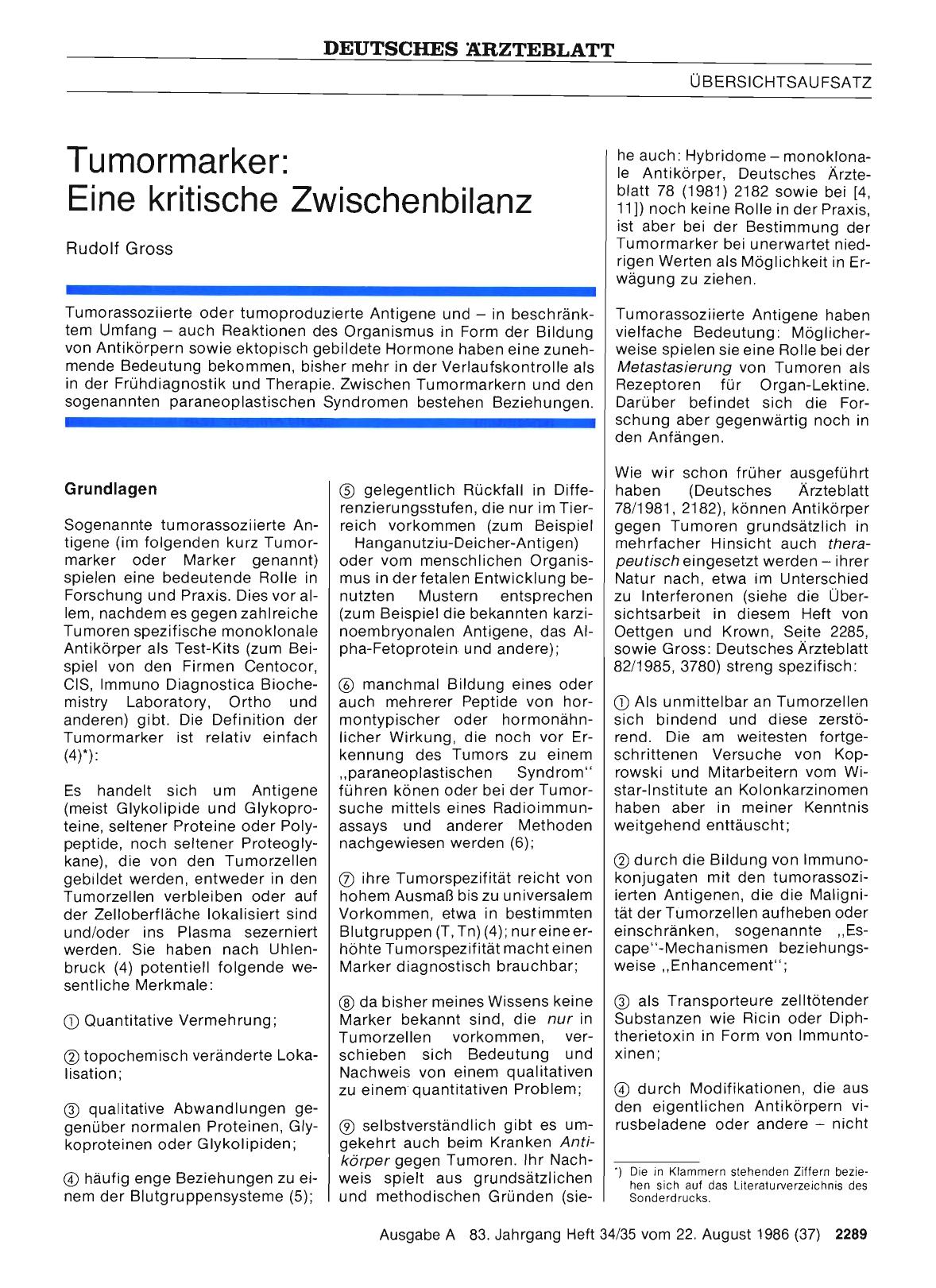Vorschauseite 1: Tumormarker: Eine kritische Zwischenbilanz