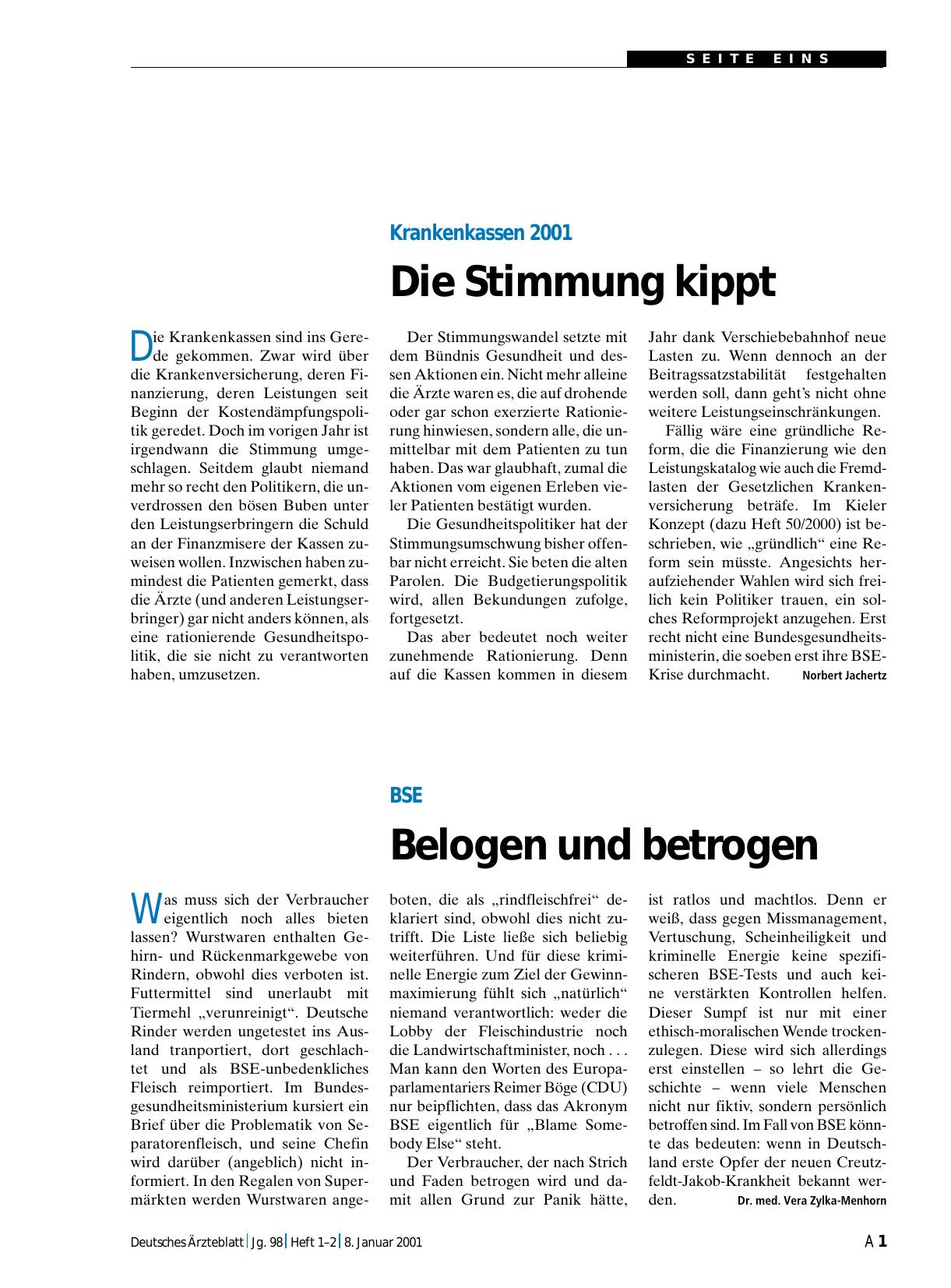 Vorschauseite 1: Krankenkassen 2001: Die Stimmung kippt