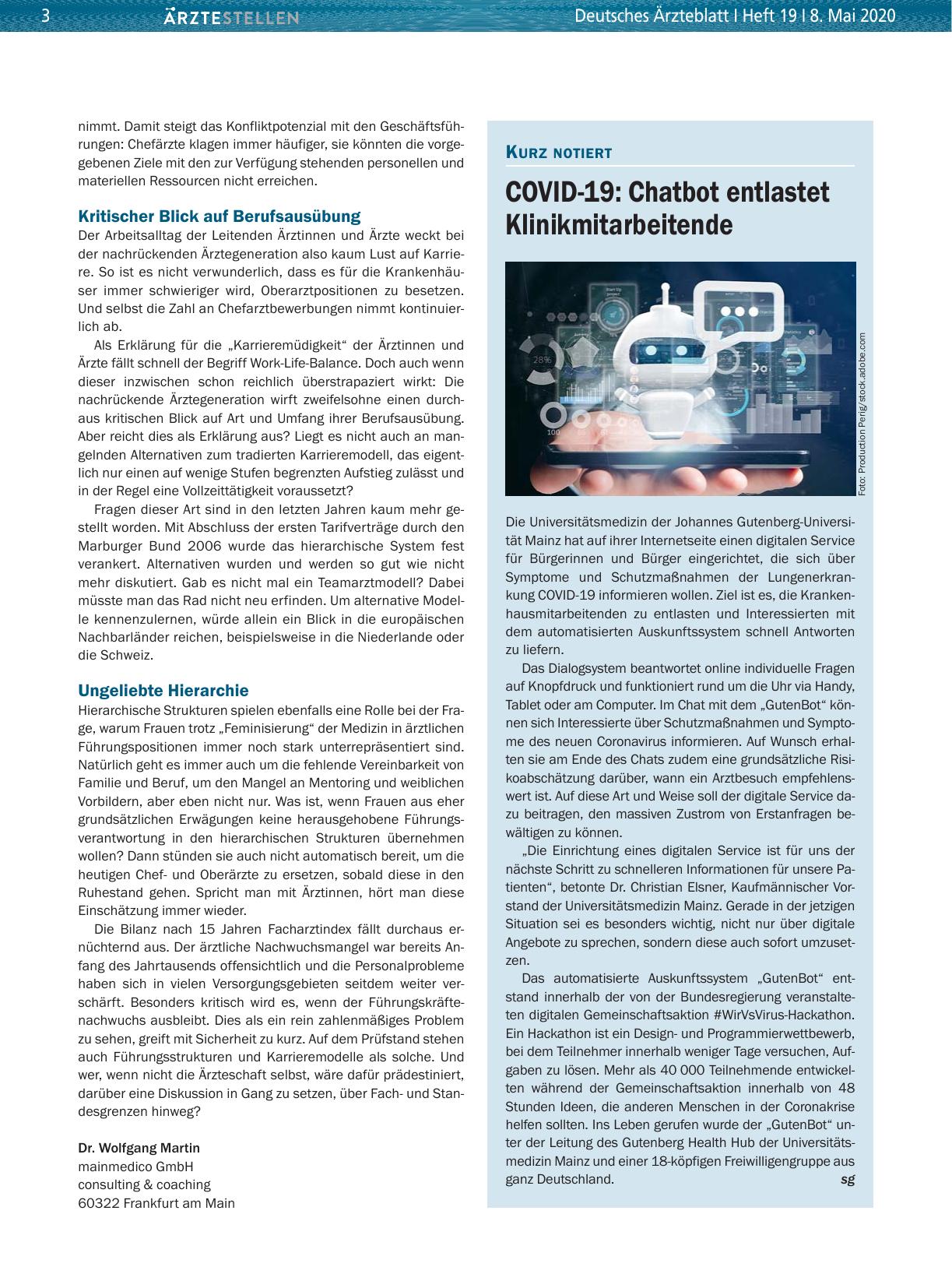 Vorschauseite 1: COVID-19: Chatbot entlastet Klinikmitarbeitende