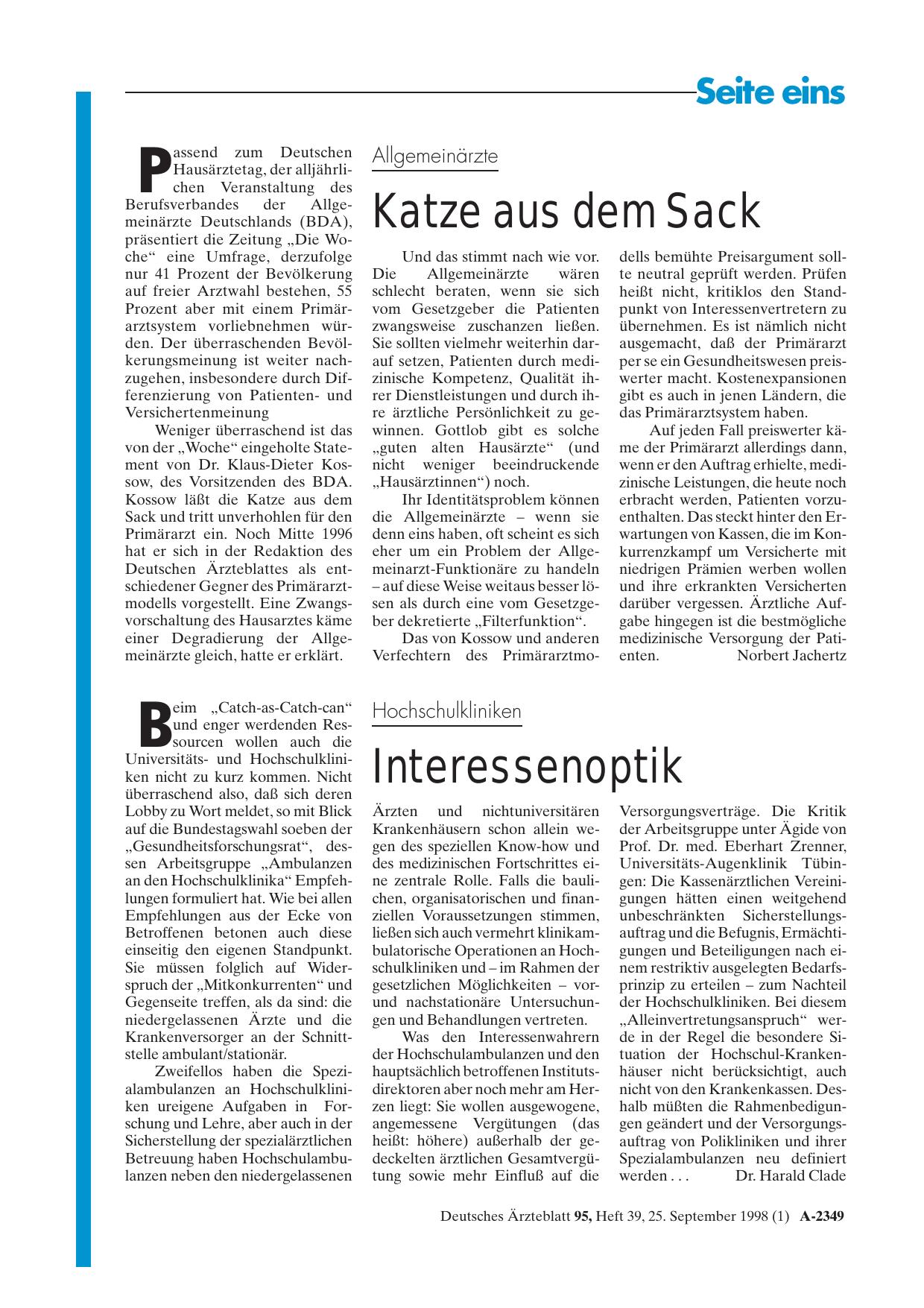 Vorschauseite 1: Allgemeinärzte: Katze aus dem Sack