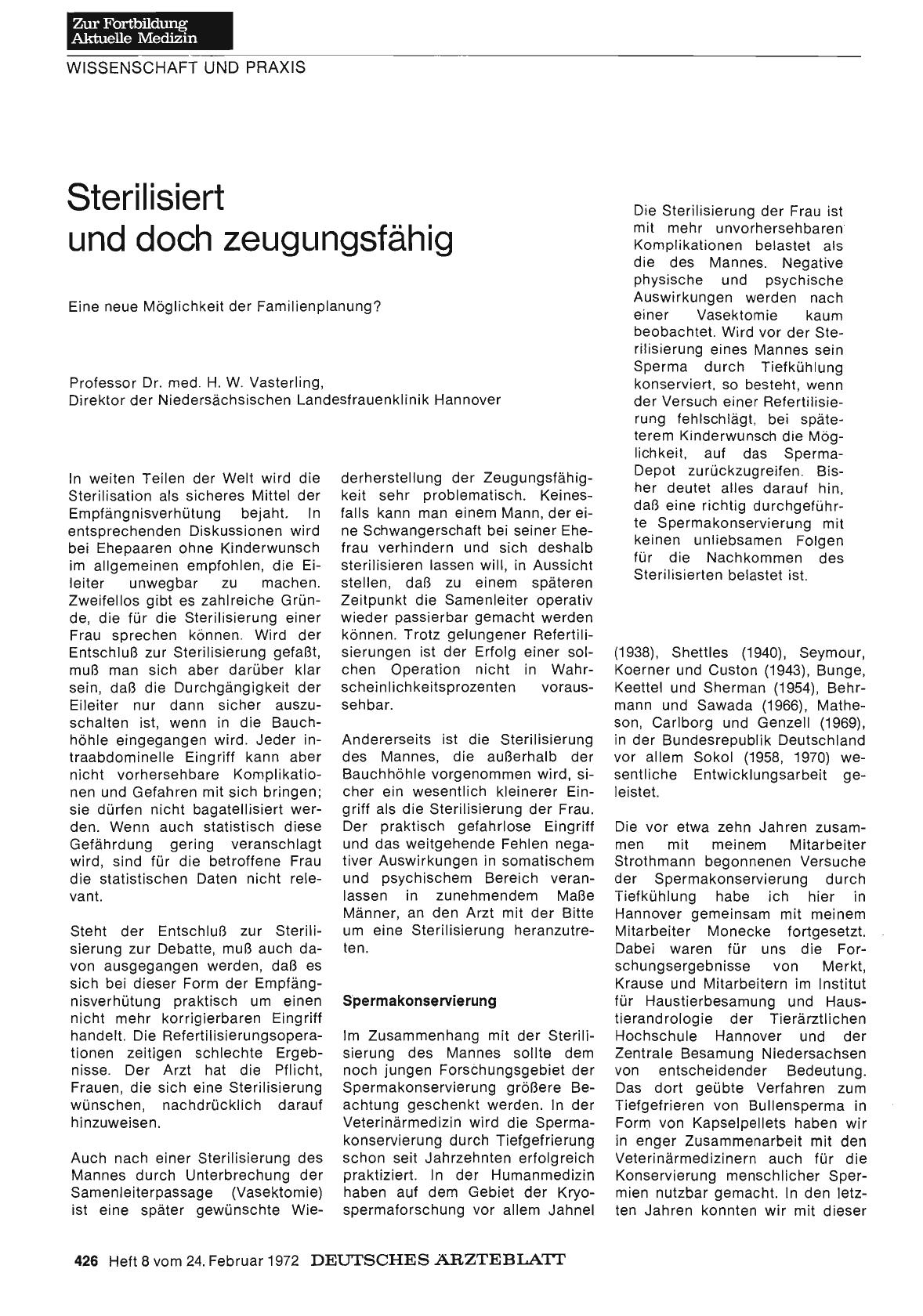Vorschauseite 1: Sterilisiert und doch zeugungsfähig. Eine neue Möglichkeit der Familienplanung?