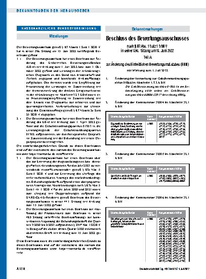 Vorschauseite 1: Beschluss des Bewertungsausschusses nach § 87 Abs. 1 Satz 1 SGB V in seiner 596. Sitzung am 15. Juni 2022 zur Änderung des Einheitlichen Bewertungsmaßstabes (EBM)