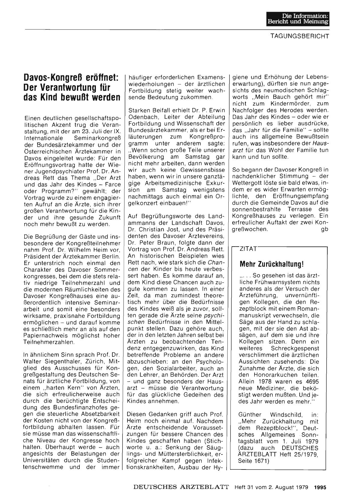 Vorschauseite 1: Davos-Kongreß eröffnet: Der Verantwortung für das Kind bewußt werden