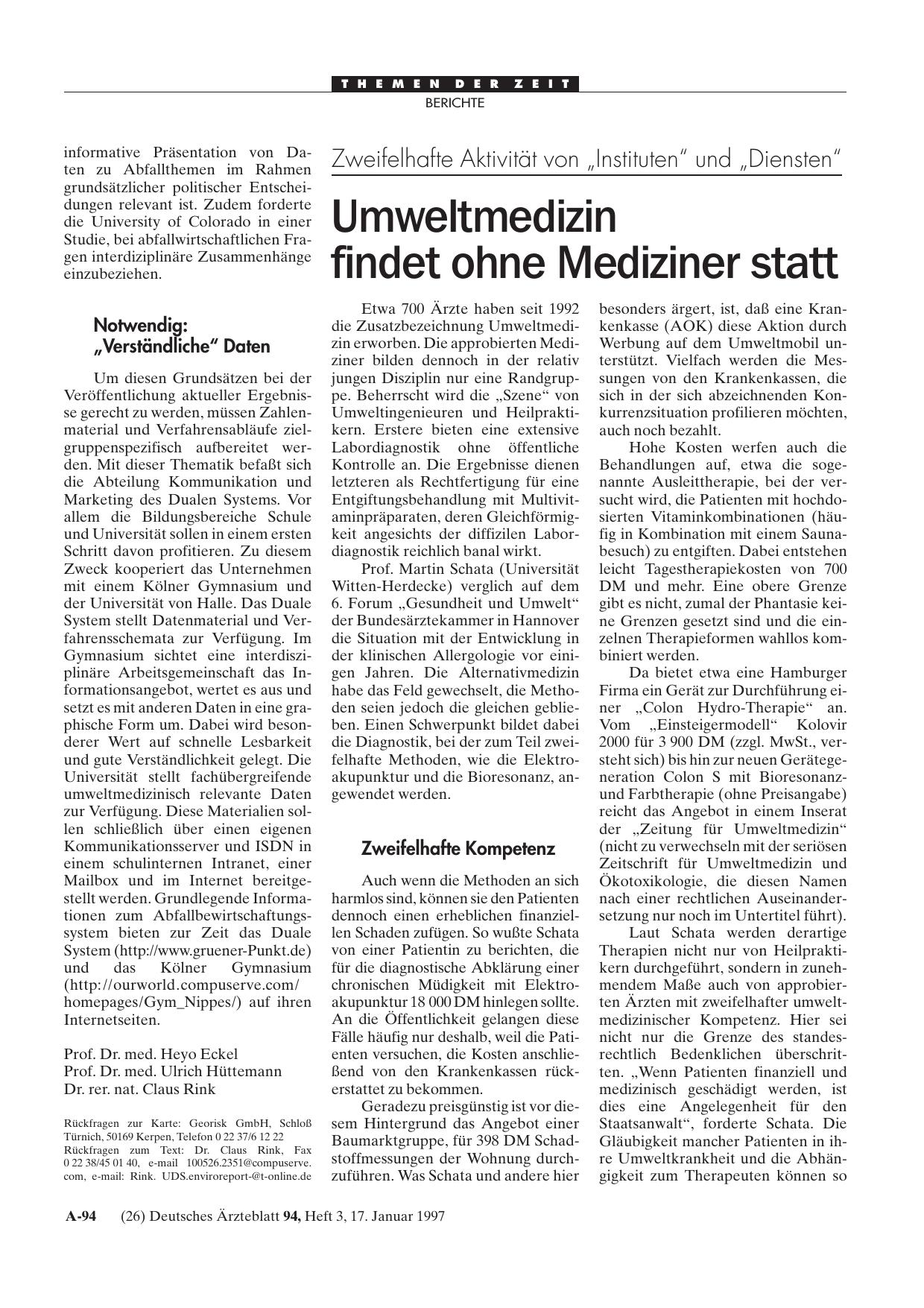 Vorschauseite 1: Zweifelhafte Aktivität von „Instituten“ und „Diensten“: Umweltmedizin findet ohne Mediziner statt