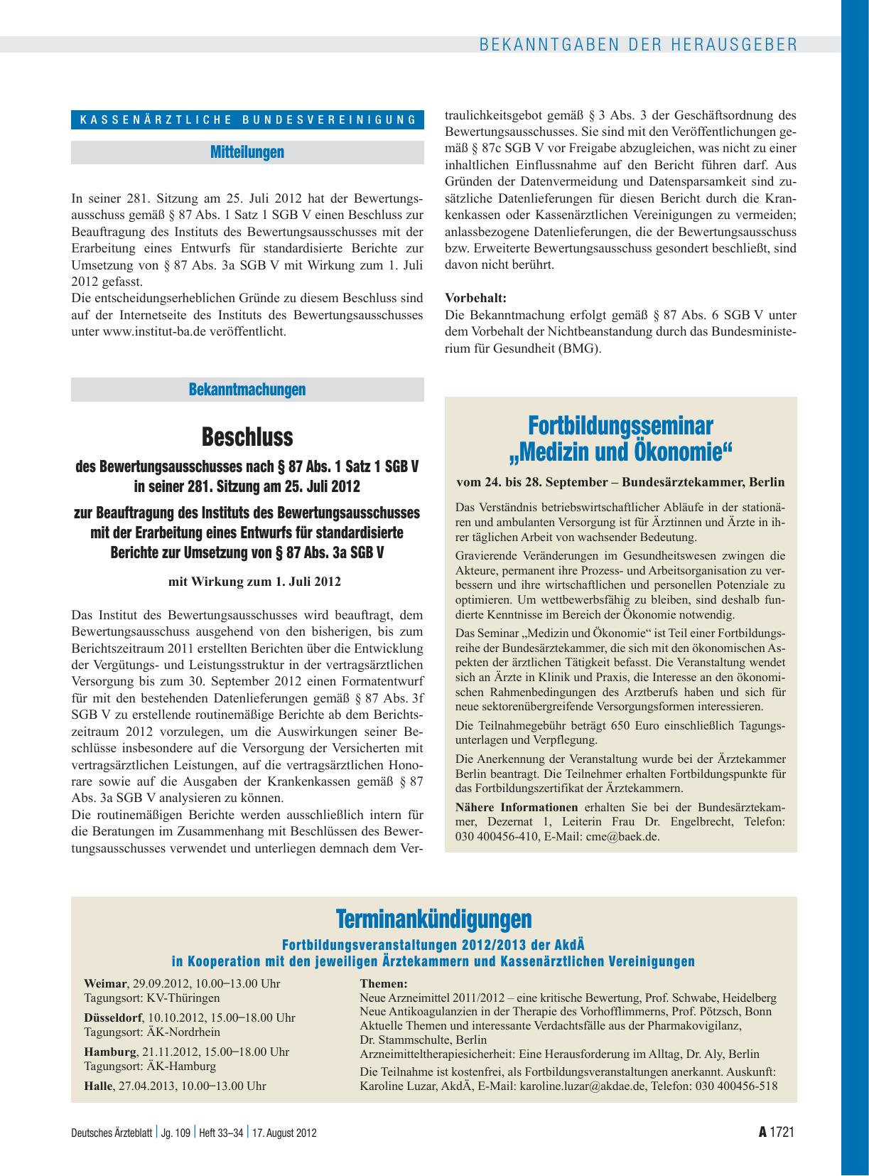 Vorschauseite 1: Fortbildungsseminar „Medizin und Ökonomie“