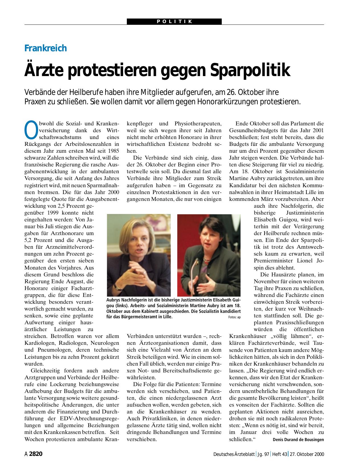 Vorschauseite 1: Frankreich: Ärzte protestieren gegen Sparpolitik