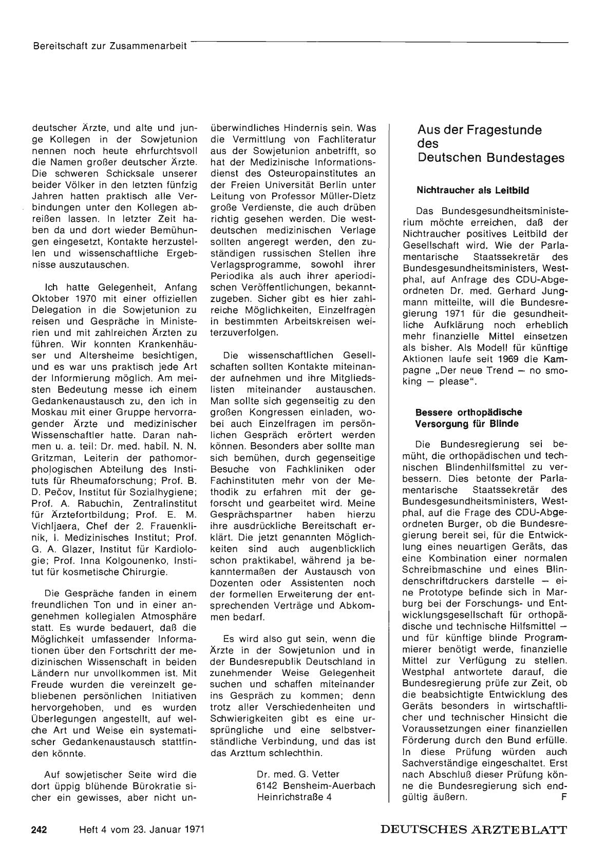 Vorschauseite 1: Aus der Fragestunde des Deutschen Bundestages: Nichtraucher als positives Beispiel — Bessere orthopädische Versorgung für Blinde