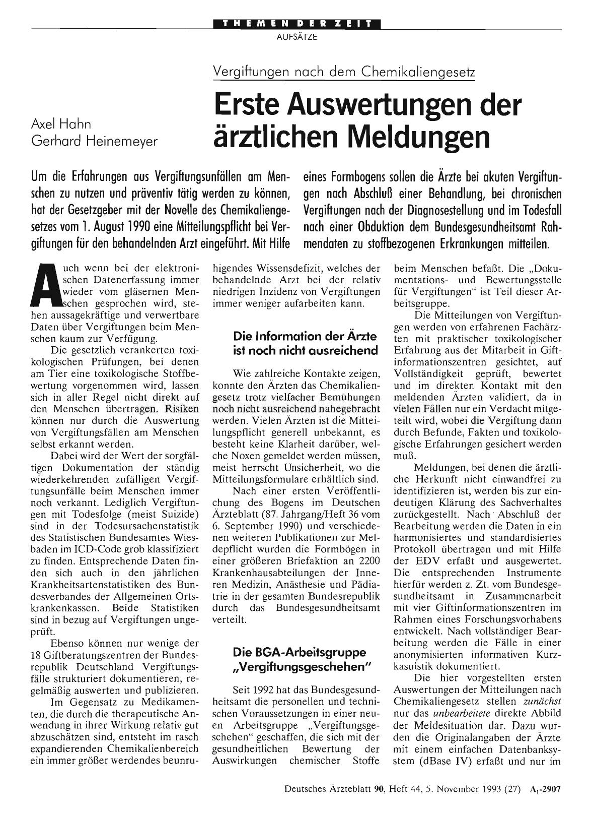 Vorschauseite 1: Vergiftungen nach dem Chemikaliengesetz: Erste Auswertungen der ärztlichen Meldungen