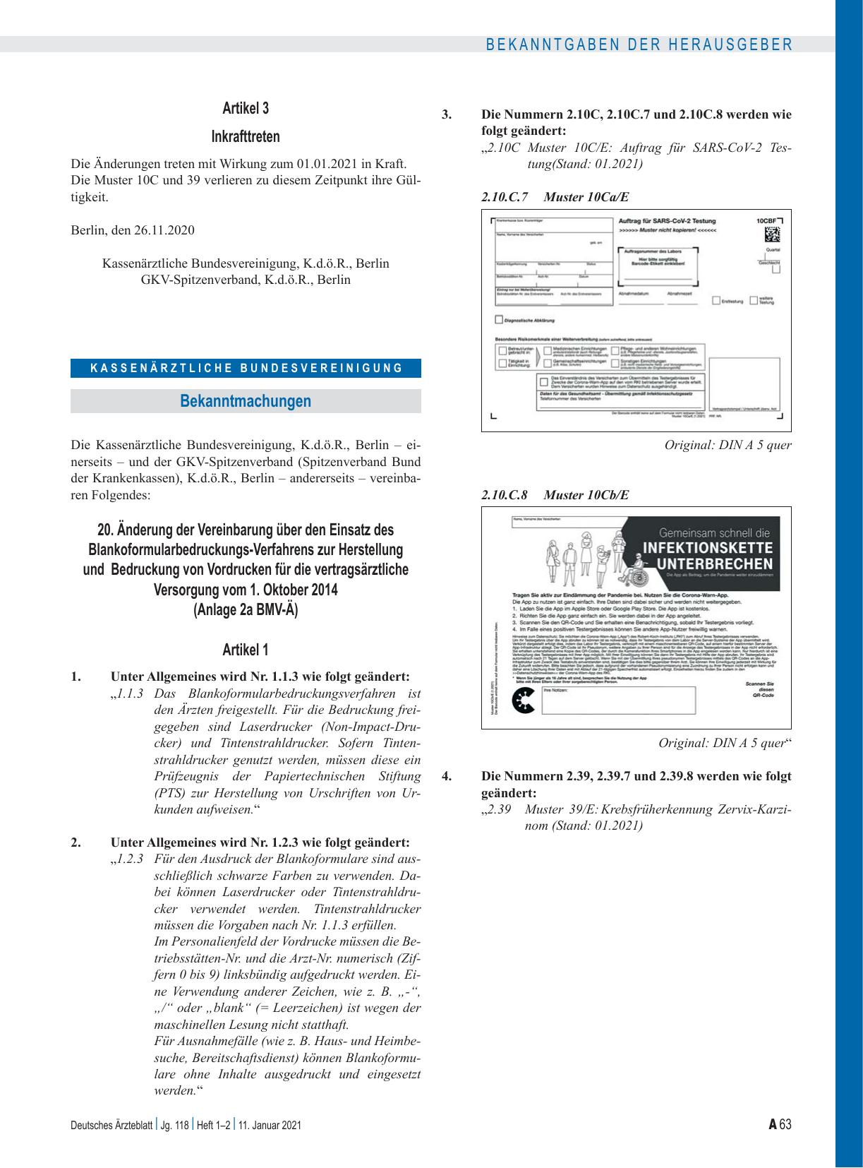 Vorschauseite 1: 20. Änderung der Vereinbarung über den Einsatz des Blankoformularbedruckungs-Verfahrens zur Herstellung und Bedruckung von Vordrucken für die vertragsärztliche Versorgung vom 1. O…