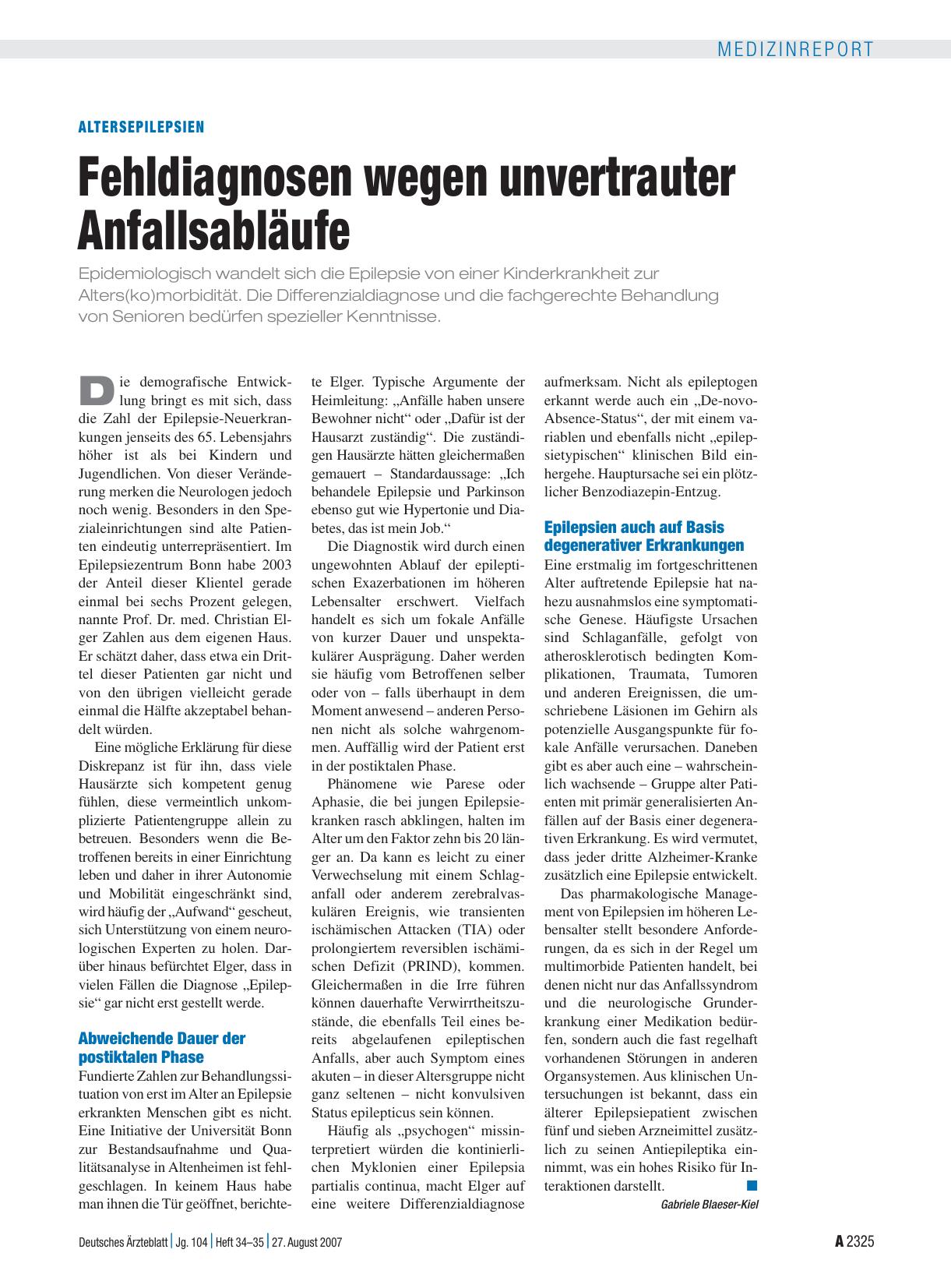 Vorschauseite 1: Altersepilepsien: Fehldiagnosen wegen unvertrauter Anfallsabläufe