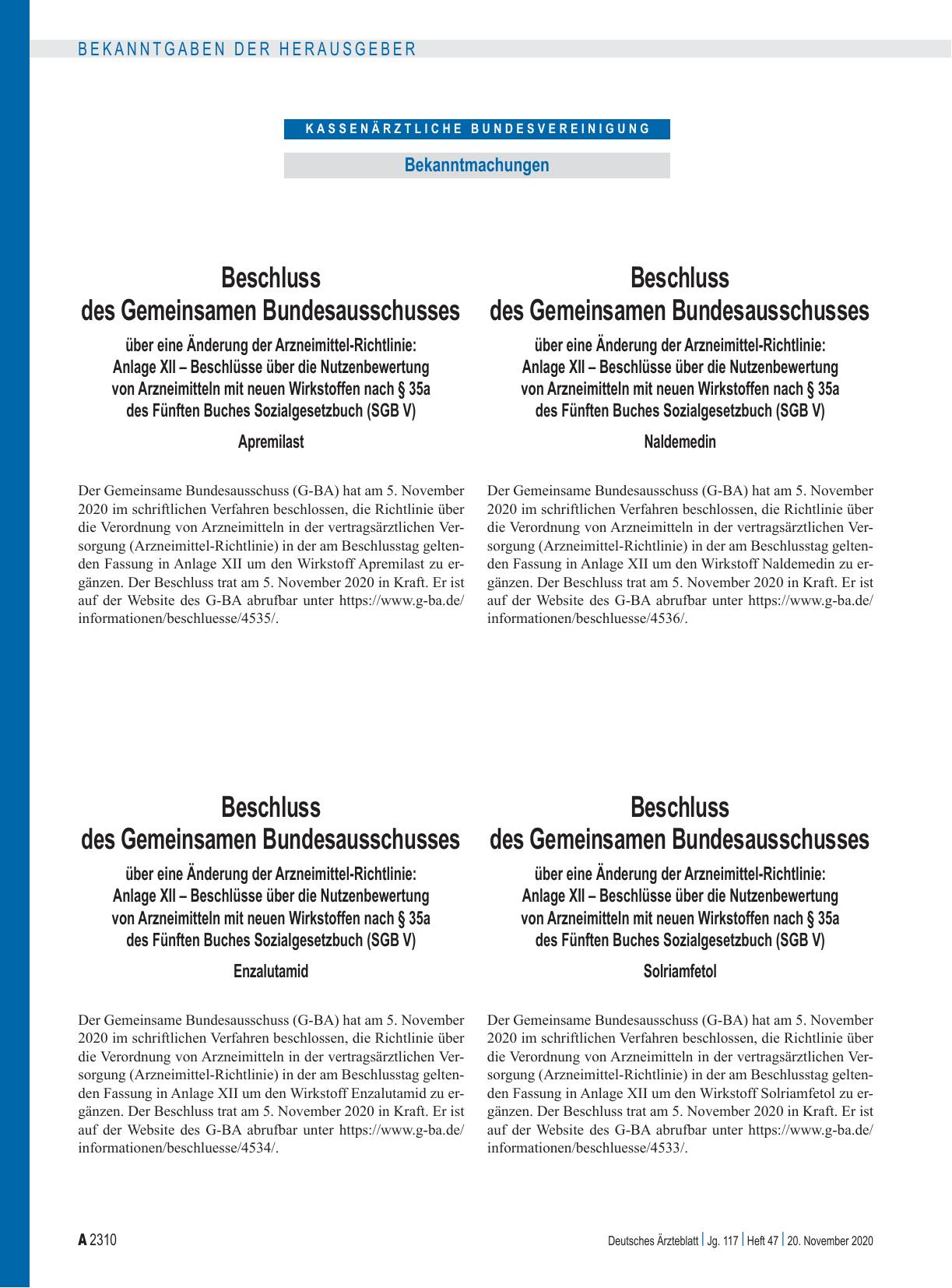 Vorschauseite 1: Beschluss des Gemeinsamen Bundesausschusses über eine Änderung der Arzneimittel-Richtlinie: Anlage XII – Solriamfetol