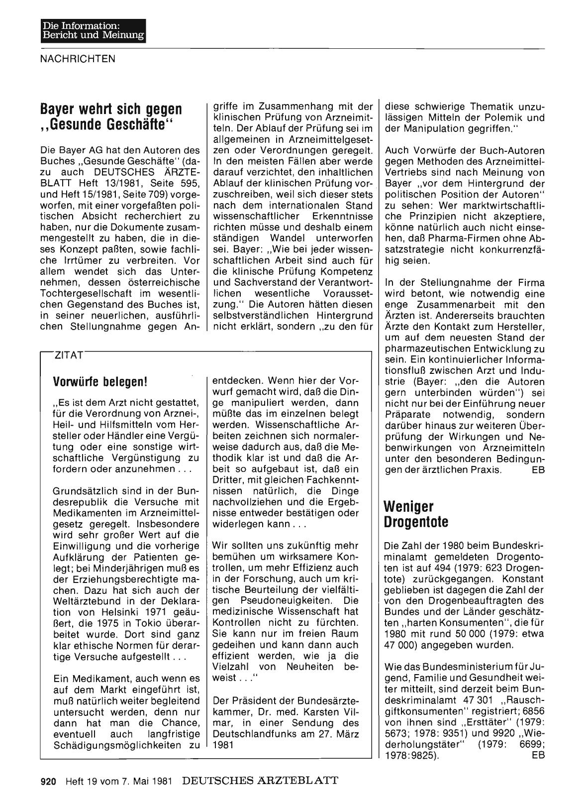 Vorschauseite 1: Bayer wehrt sich gegen „Gesunde Geschäfte"