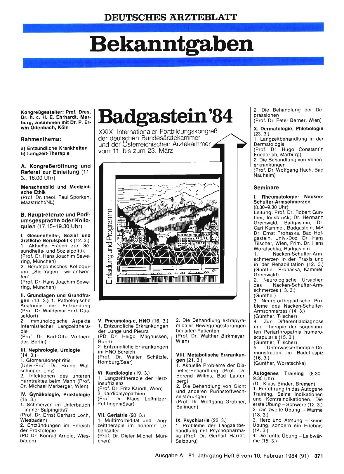 Vorschauseite 1: XXIX. Internationaler Fortbildungskongreß der deutschen Bundesärztekammer und der Österreichischen Ärztekammer vom 11. bis zum 23. März in Badgastein '84