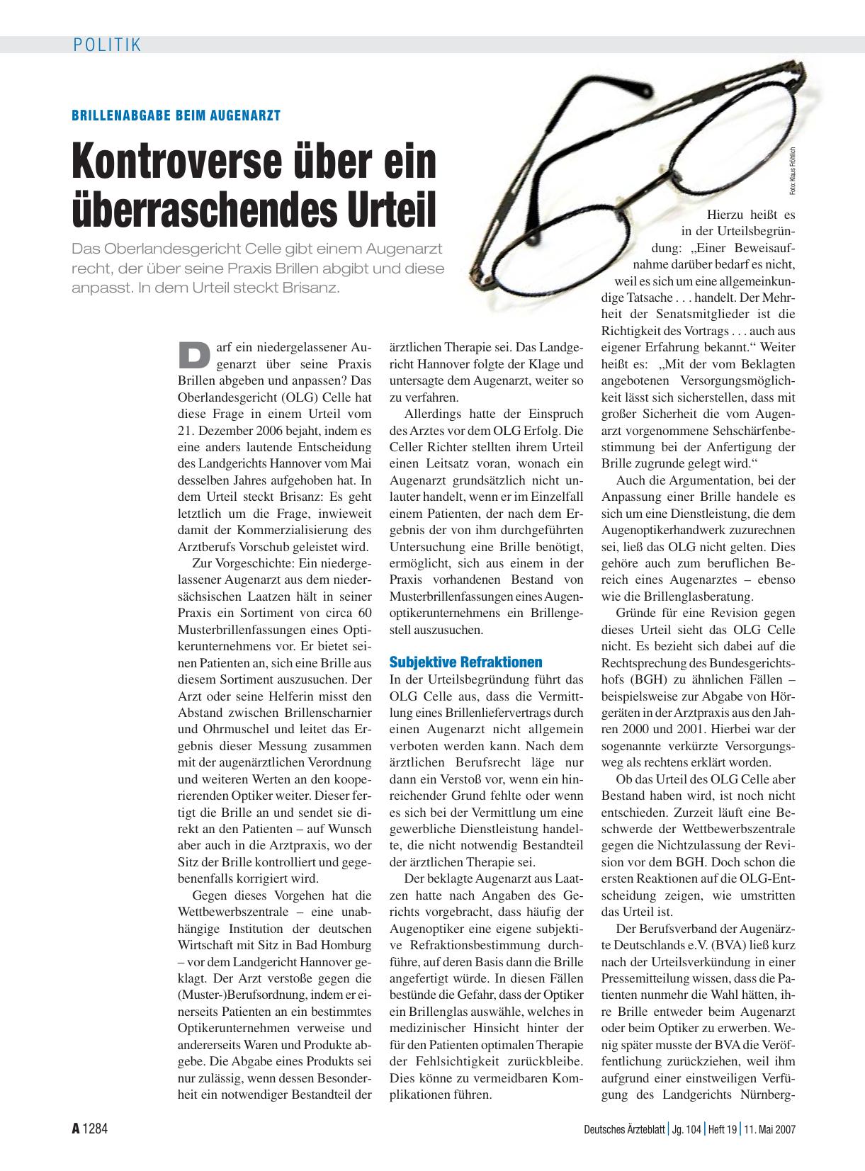 Vorschauseite 1: Brillenabgabe beim Augenarzt: Kontroverse über ein überraschendes Urteil