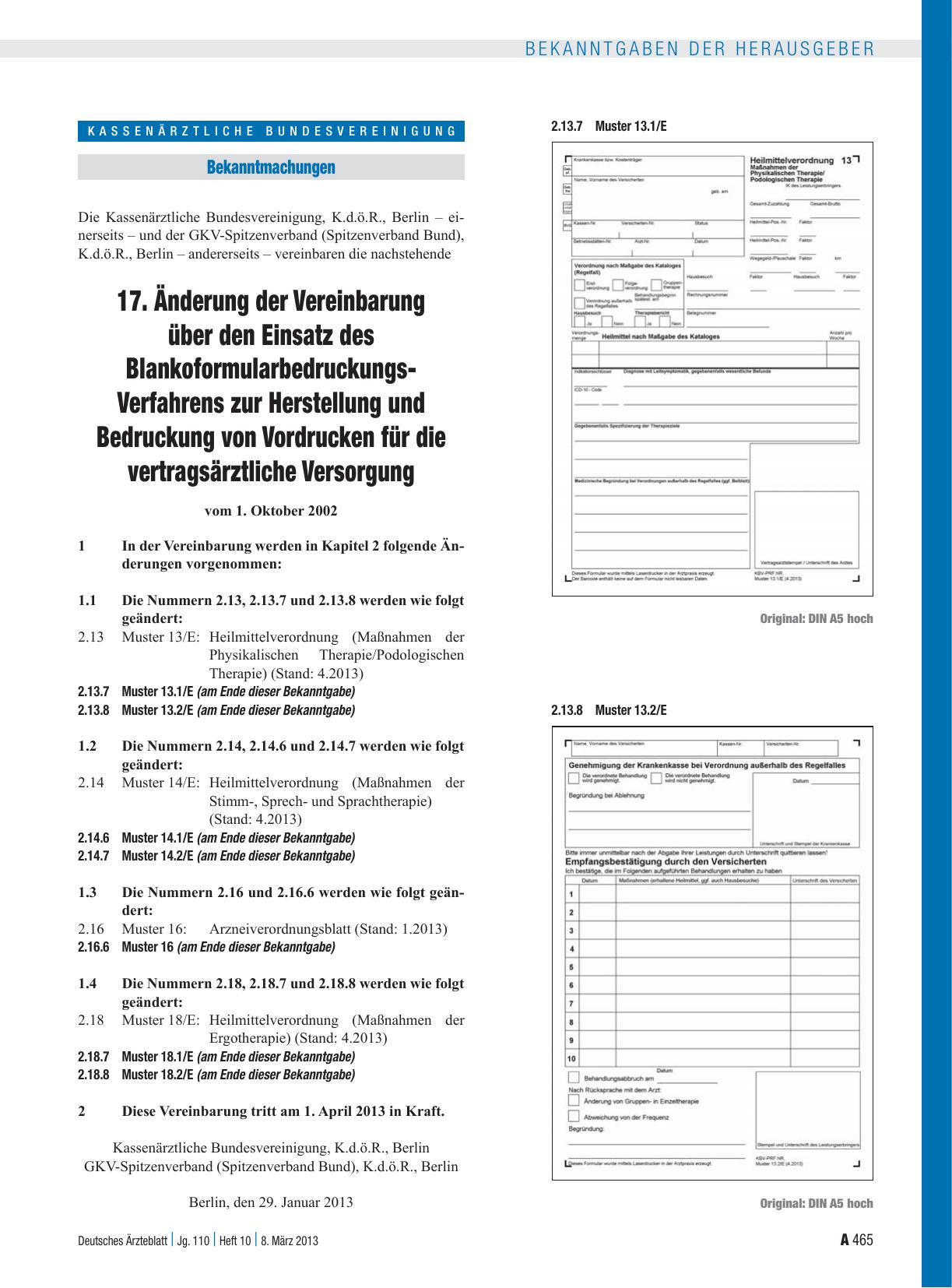 Vorschauseite 1: 17. Änderung der Vereinbarung über den Einsatz des Blankoformularbedruckungs-Verfahrens zur Herstellung und Bedruckung von Vordrucken für die vertragsärztliche Versorgung