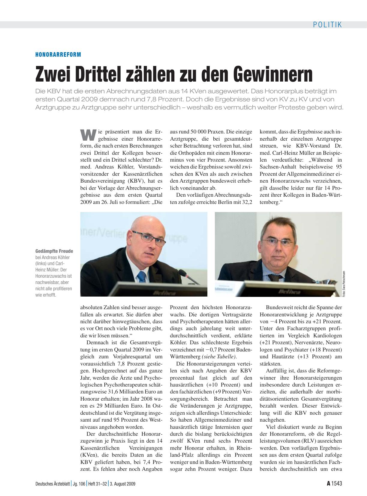 Vorschauseite 1: Honorrarreform: Zwei Drittel zählen zu den Gewinnern