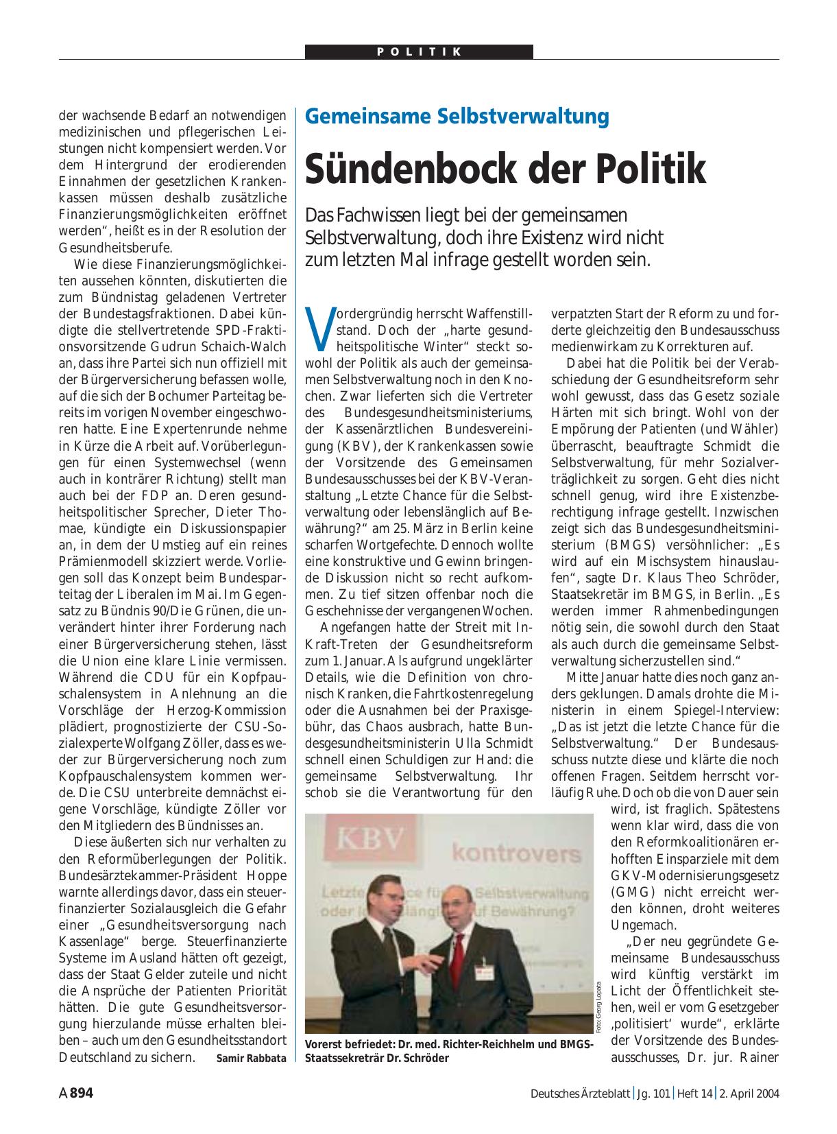 Vorschauseite 1: Gemeinsame Selbstverwaltung: Sündenbock der Politik