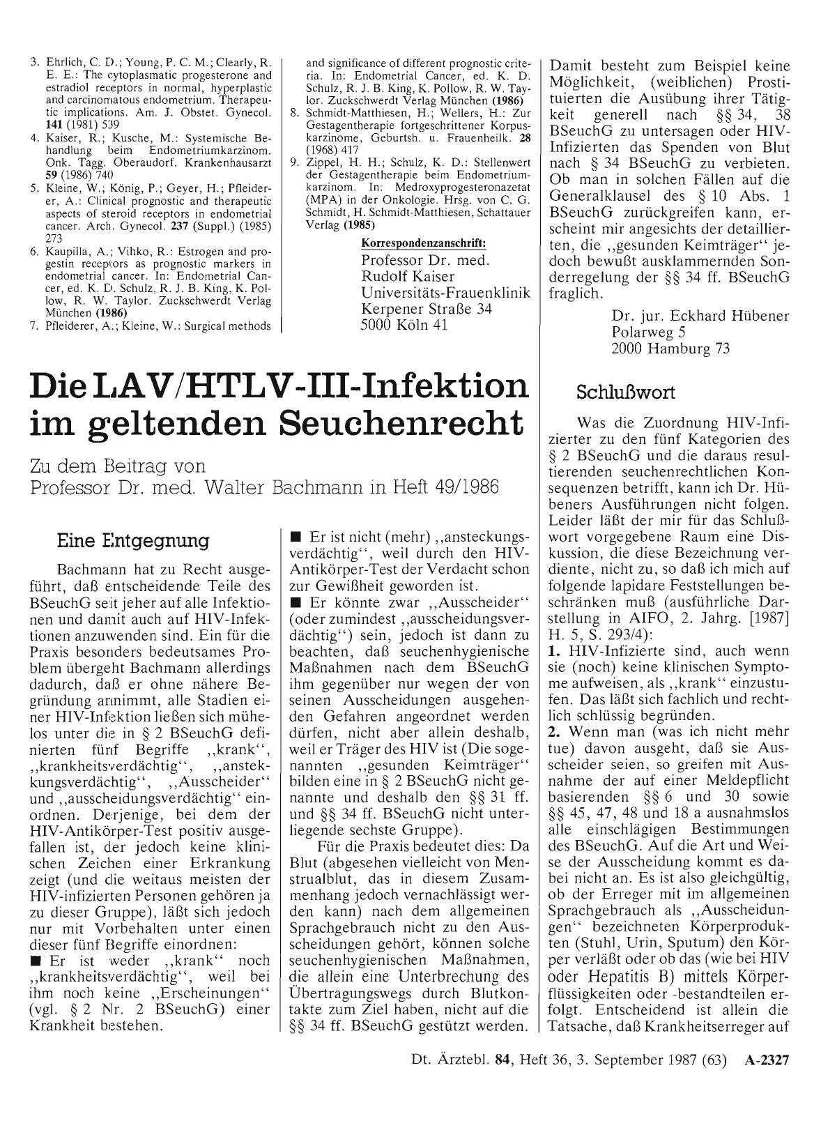 Vorschauseite 1: Die LAV/HTLV-III-Infektion im geltenden Seuchenrecht: Eine Entgegnung