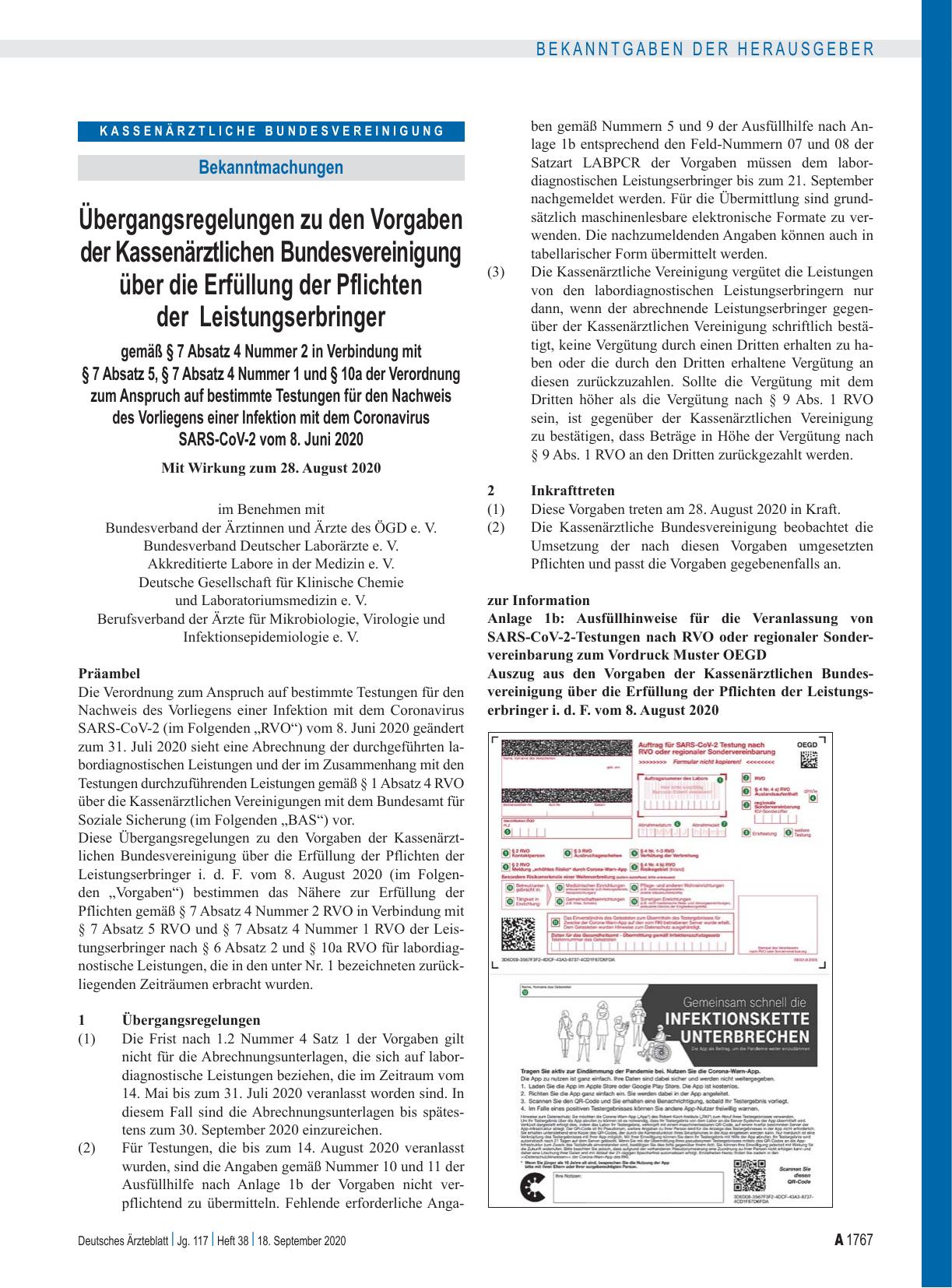 Vorschauseite 1: Übergangsregelungen zu den Vorgaben der Kassenärztlichen Bundesvereinigung über die Erfüllung der Pflichten der Leistungserbringer gemäß § 7 Absatz 4 Nummer 2 in Verbindung mit §…