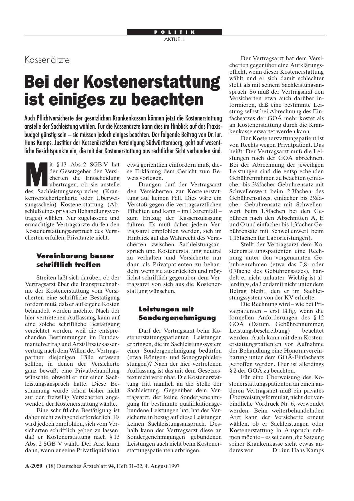 Vorschauseite 1: Kassenärzte: Bei der Kostenerstattung ist einiges zu beachten