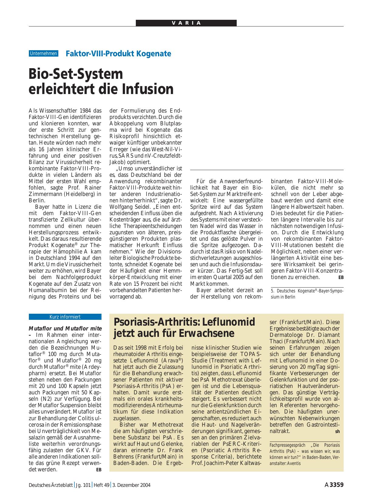 Vorschauseite 1: Faktor-VIII-Produkt Kogenate: Bio-Set-System erleichtert die Infusion