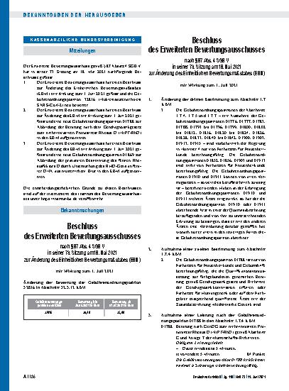 Vorschauseite 1: Beschluss des Erweiterten Bewertungsausschusses nach § 87 Abs. 4 SGB V in seiner 73. Sitzung am 18. Mai 2021 zur Änderung des Einheitlichen Bewertungsmaßstabes (EBM)