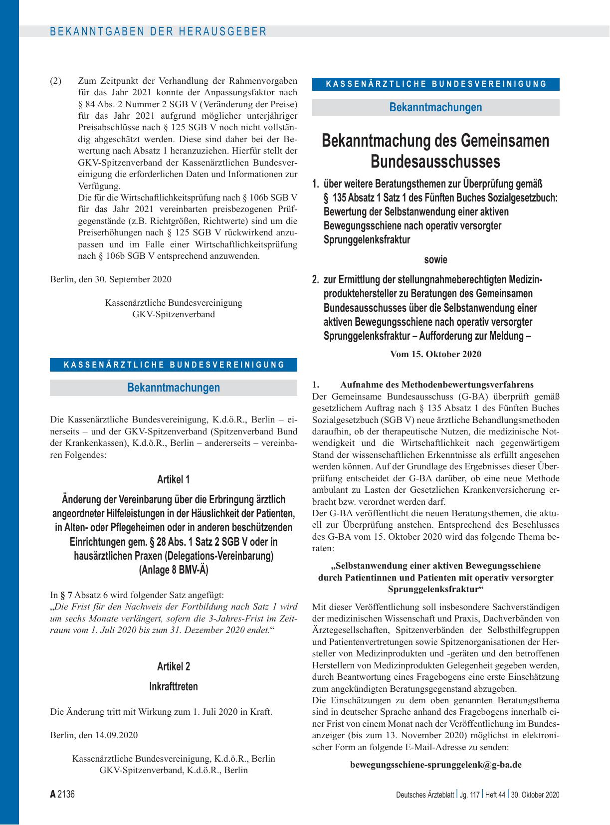 Vorschauseite 1: Änderung der Vereinbarung über die Erbringung ärztlich angeordneter Hilfeleistungen in der Häuslichkeit der Patienten, in Altenoder Pflegeheimen oder in anderen beschützenden Einr…