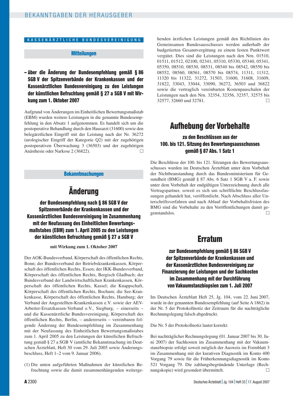 Vorschauseite 1: Erratum zur Bundesempfehlung gemäß § 86 SGB V der Spitzenverbände der Krankenkassen und der Kassenärztlichen Bundesvereinigung zur Finanzierung der Leistungen und der Sachkosten i…