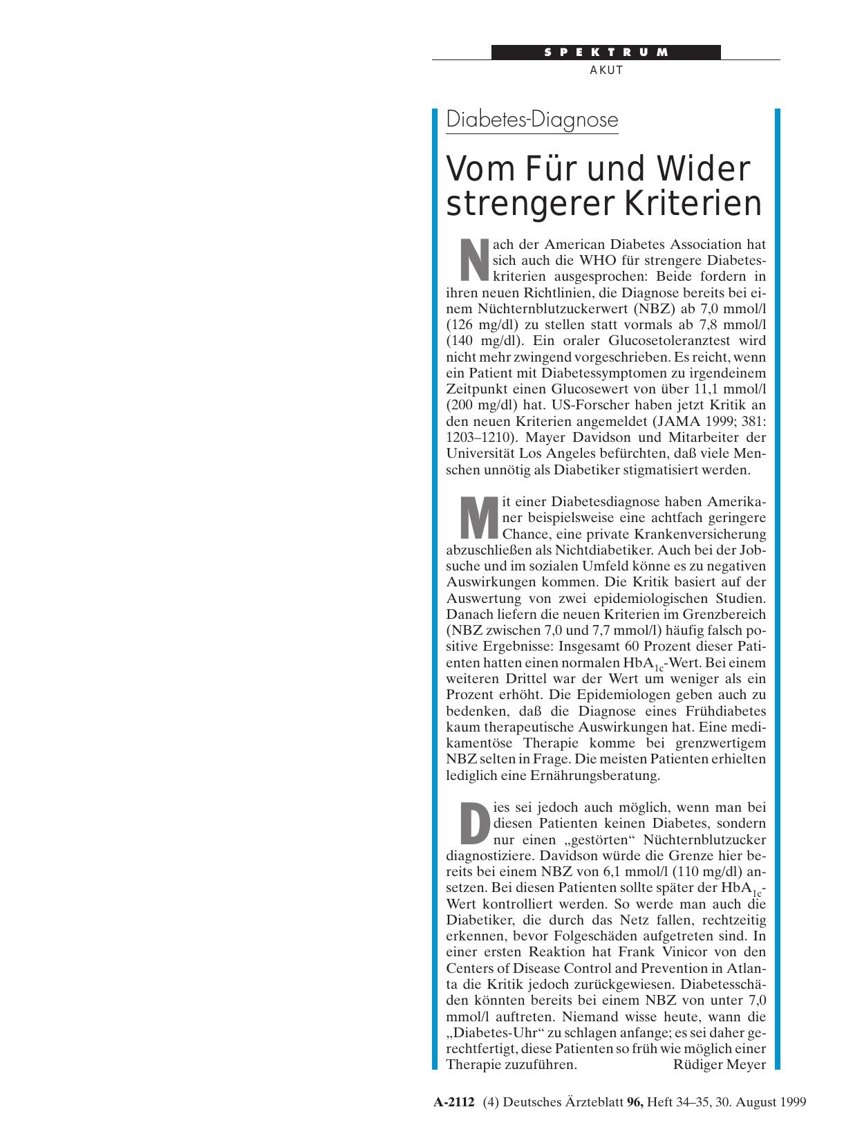 Vorschauseite 1: Diabetes-Diagnose: Vom Für und Wider strengerer Kriterien
