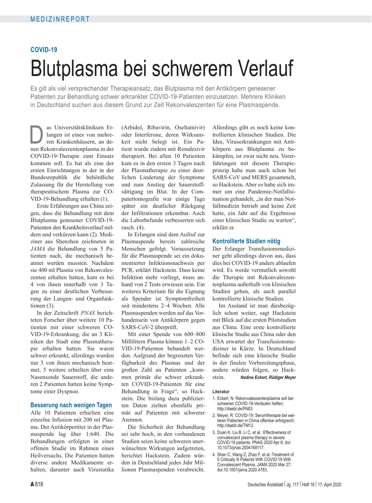 Vorschauseite 1: COVID-19: Blutplasma bei schwerem Verlauf