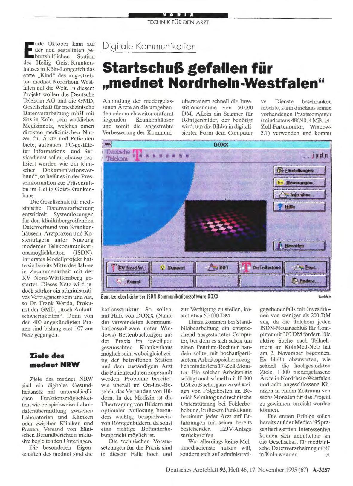 Vorschauseite 1: Digitale Kommunikation: Startschuß gefallen für „mednet Nordrhein-Westfalen“