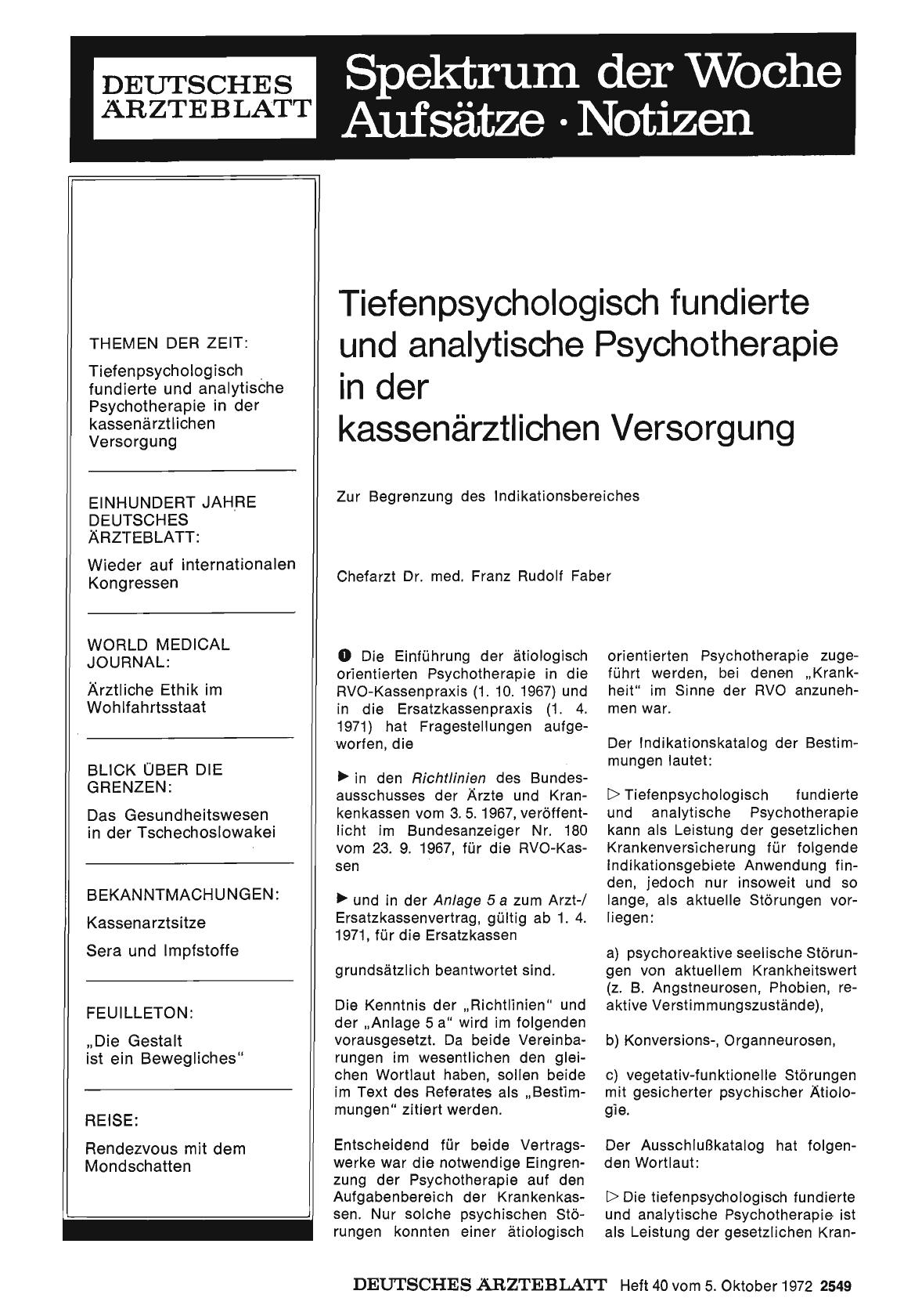 Vorschauseite 1: Tiefenpsychologisch fundierte und analytische Psychotherapie in der kassenärztlichen Versorgung: Zur Begrenzung des Indikationsbereiches