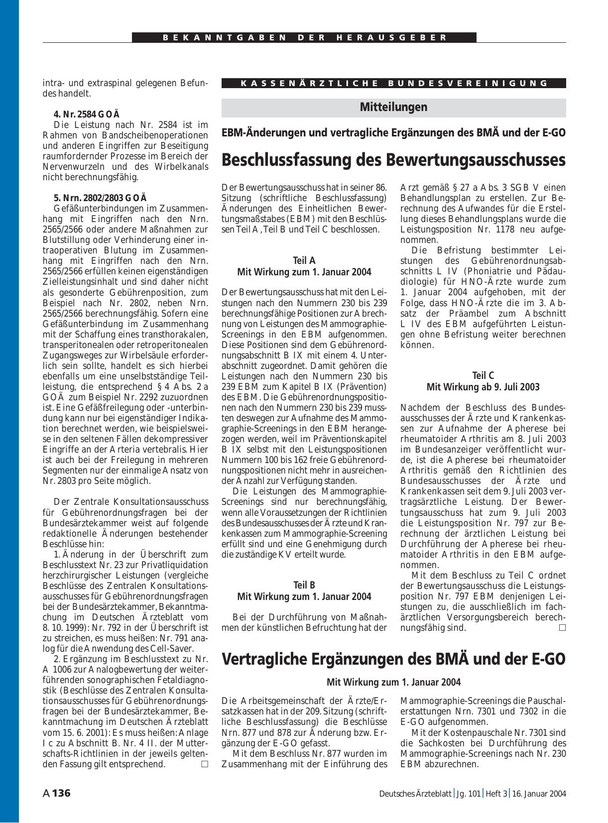 Vorschauseite 1: Mitteilungen: Beschlussfassung des Bewertungsausschusses
