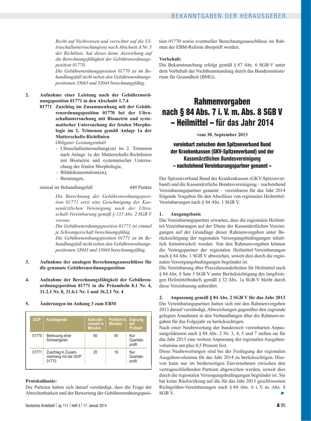 Vorschauseite 1: Rahmenvorgaben nach § 84 Abs. 7 i. V. m. Abs. 8 SGB V – Heilmittel – für das Jahr 2014 vereinbart zwischen dem Spitzenverband Bund der Krankenkassen (GKV-Spitzenverband) und der K…