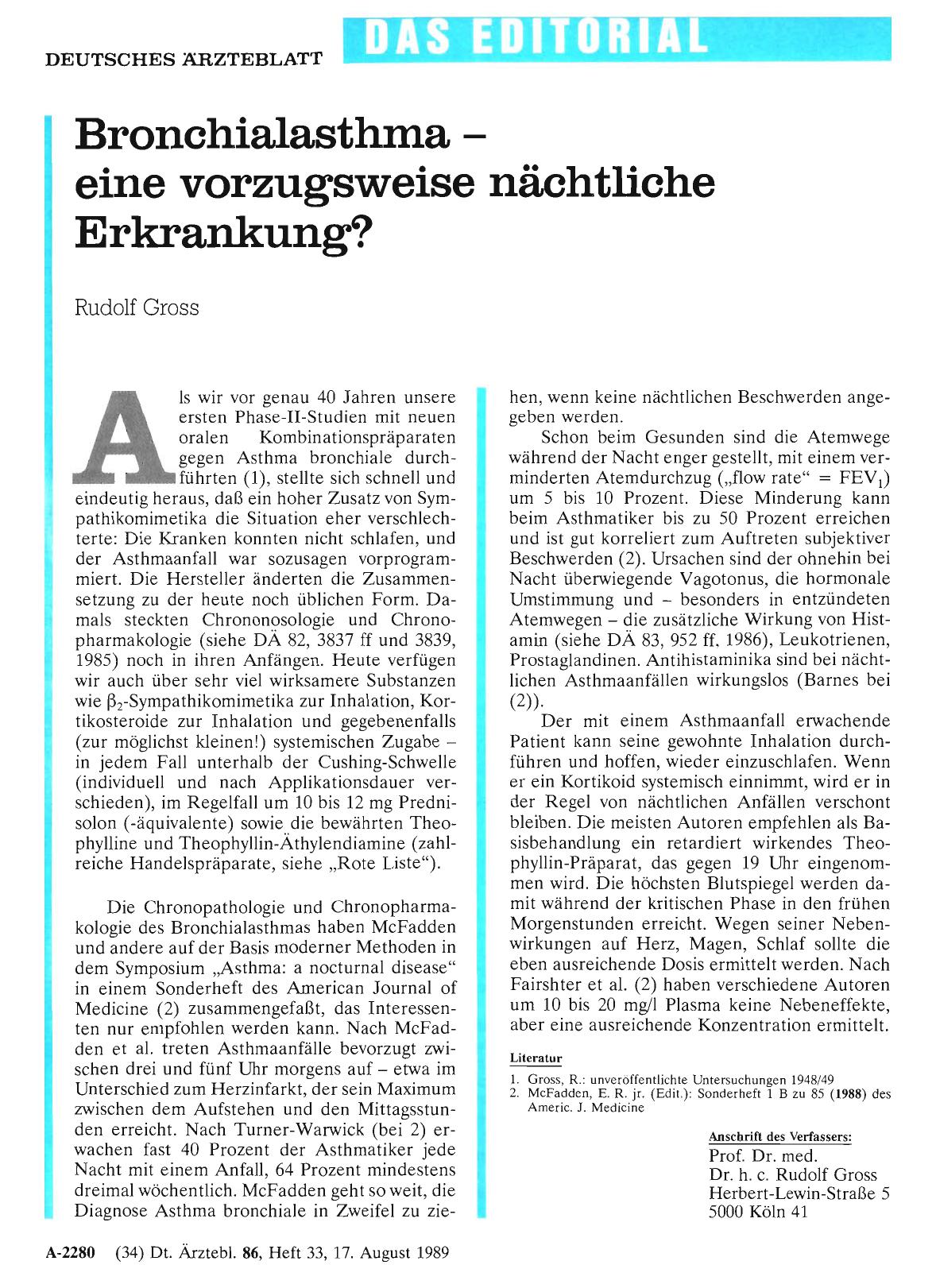 Vorschauseite 1: Bronchialasthma – eine vorzugsweise nächtliche Erkrankung?