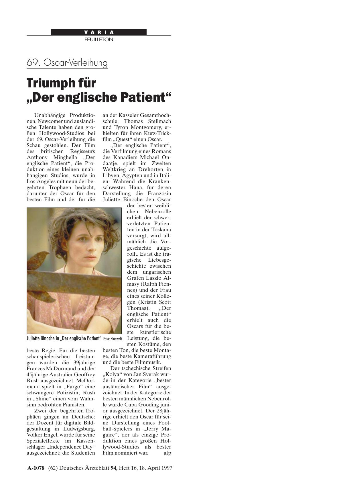 Vorschauseite 1: 69. Oscar-Verleihung: Triumph für „Der englische Patient“