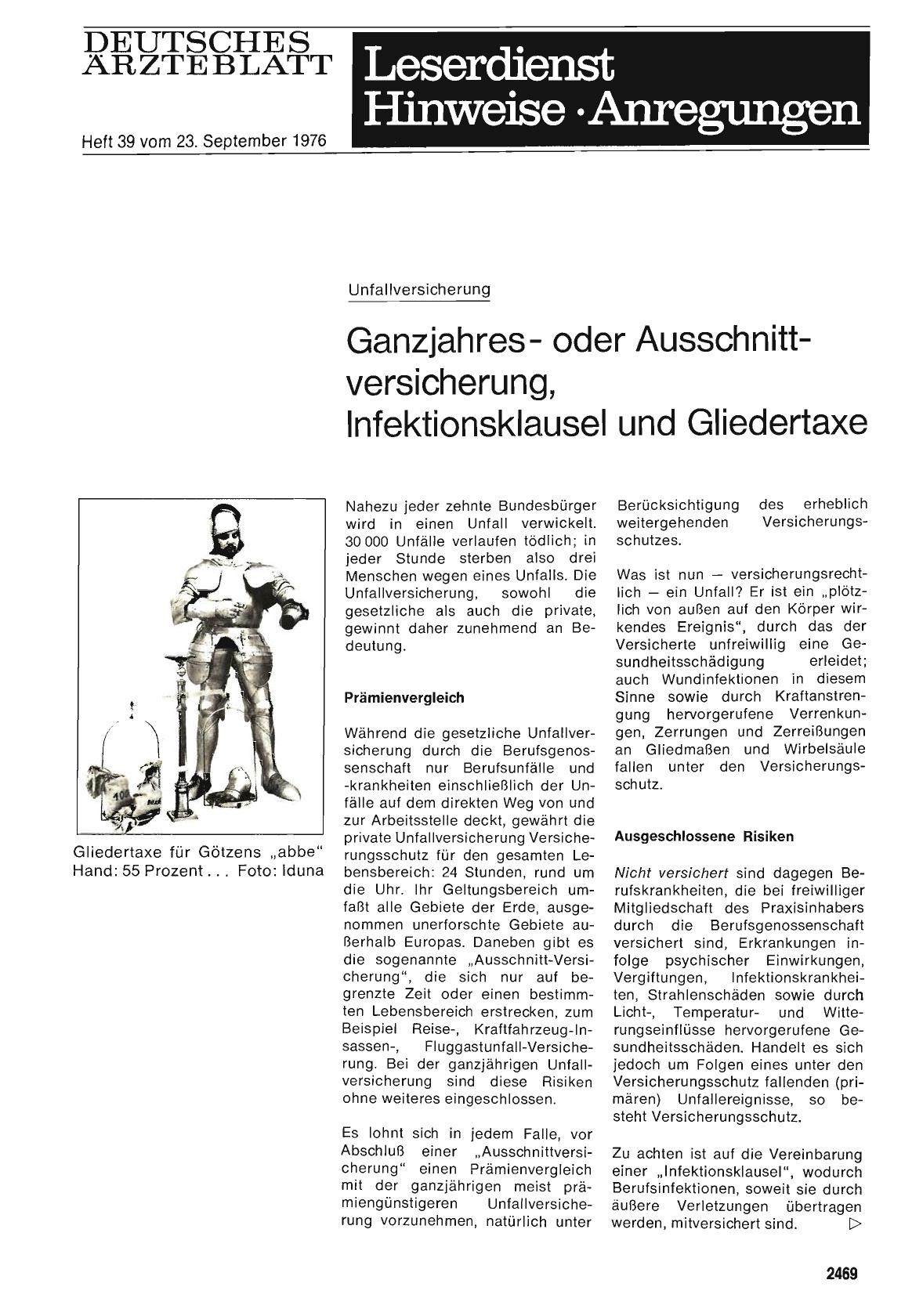 Vorschauseite 1: Unfallversicherung: Ganzjahresoder Ausschnittversicherung, Infektionsklausel und Gliedertaxe