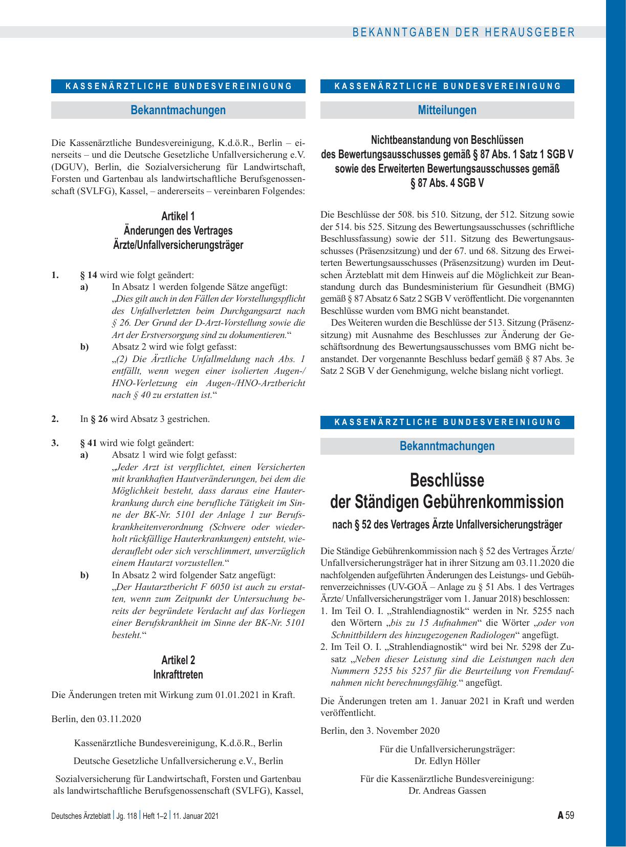 Vorschauseite 1: Beschlüsse der Ständigen Gebührenkommission nach § 52 des Vertrages Ärzte Unfallversicherungsträger