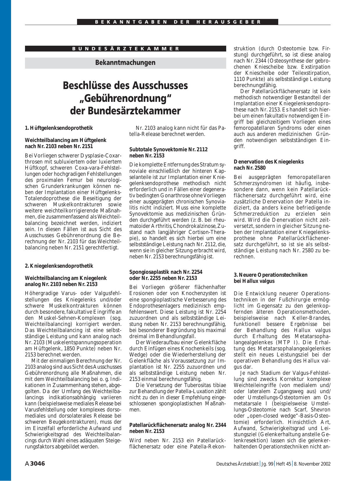 Vorschauseite 1: Bekanntmachungen: Beschlüsse des Ausschusses „Gebührenordnung“ der Bundesärztekammer