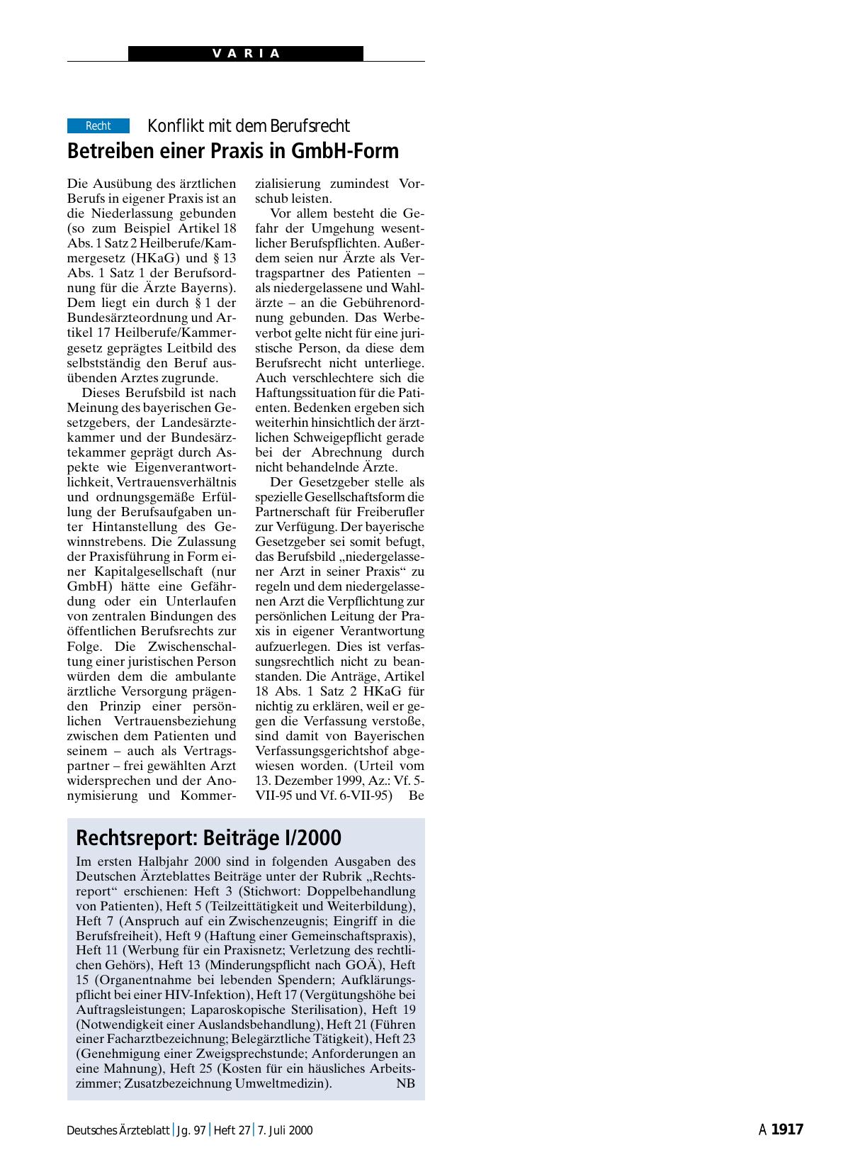 Vorschauseite 1: Rechtsreport: Beiträge I/2000