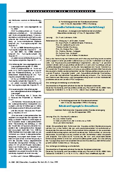 Vorschauseite 1: 6. Fortbildungsseminar der Bundesärztekammer vom 17. bis 25. September 1999 in Würzburg: Gesundheitsförderung (Kursfortbildung)