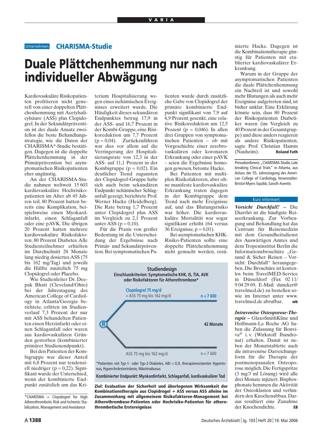 Vorschauseite 1: CHARISMA-Studie: Duale Plättchenhemmung nur nach individueller Abwägung